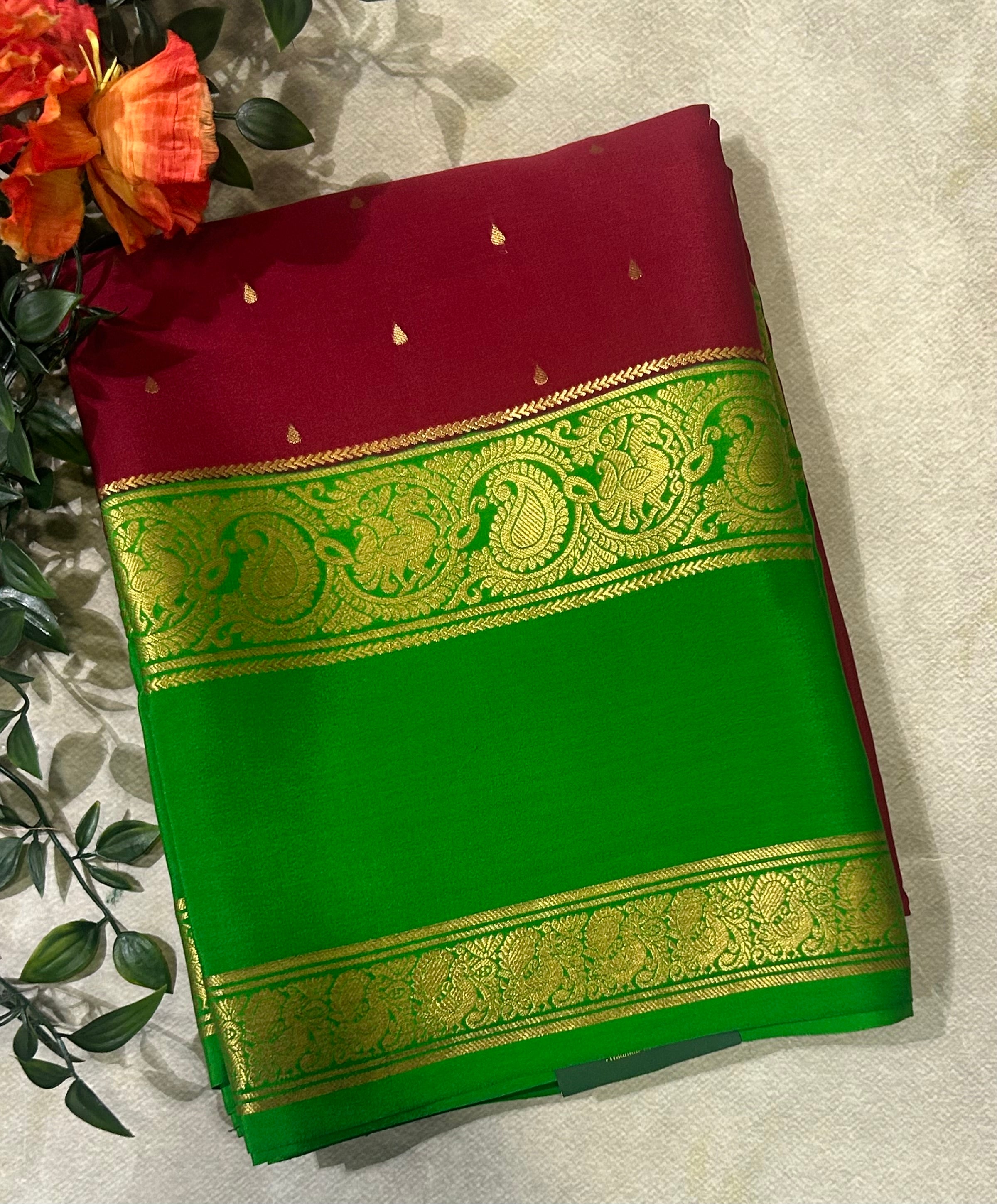 Maroon bentex border pure Mysore silk 105 saree