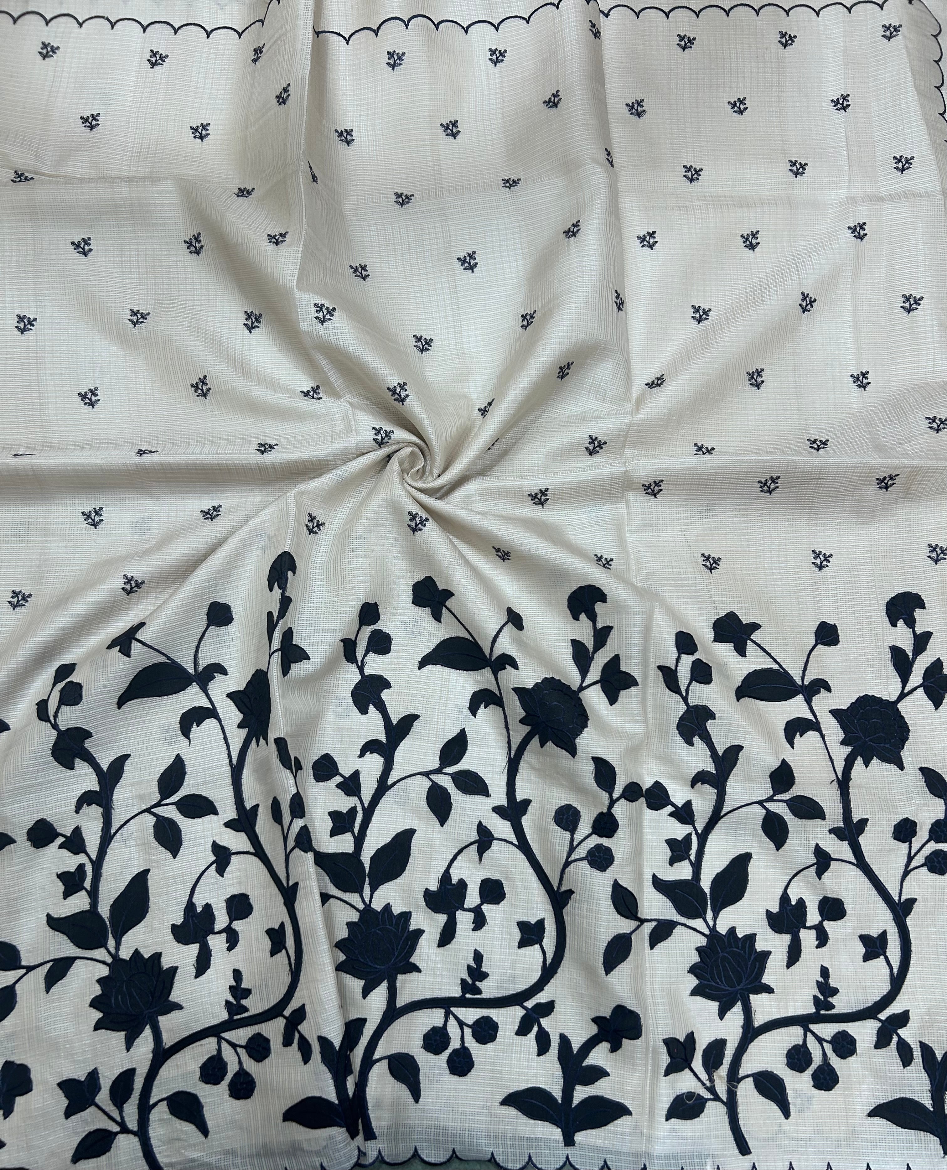 Cream scallop border black embroidery work Kota check 106 Saree