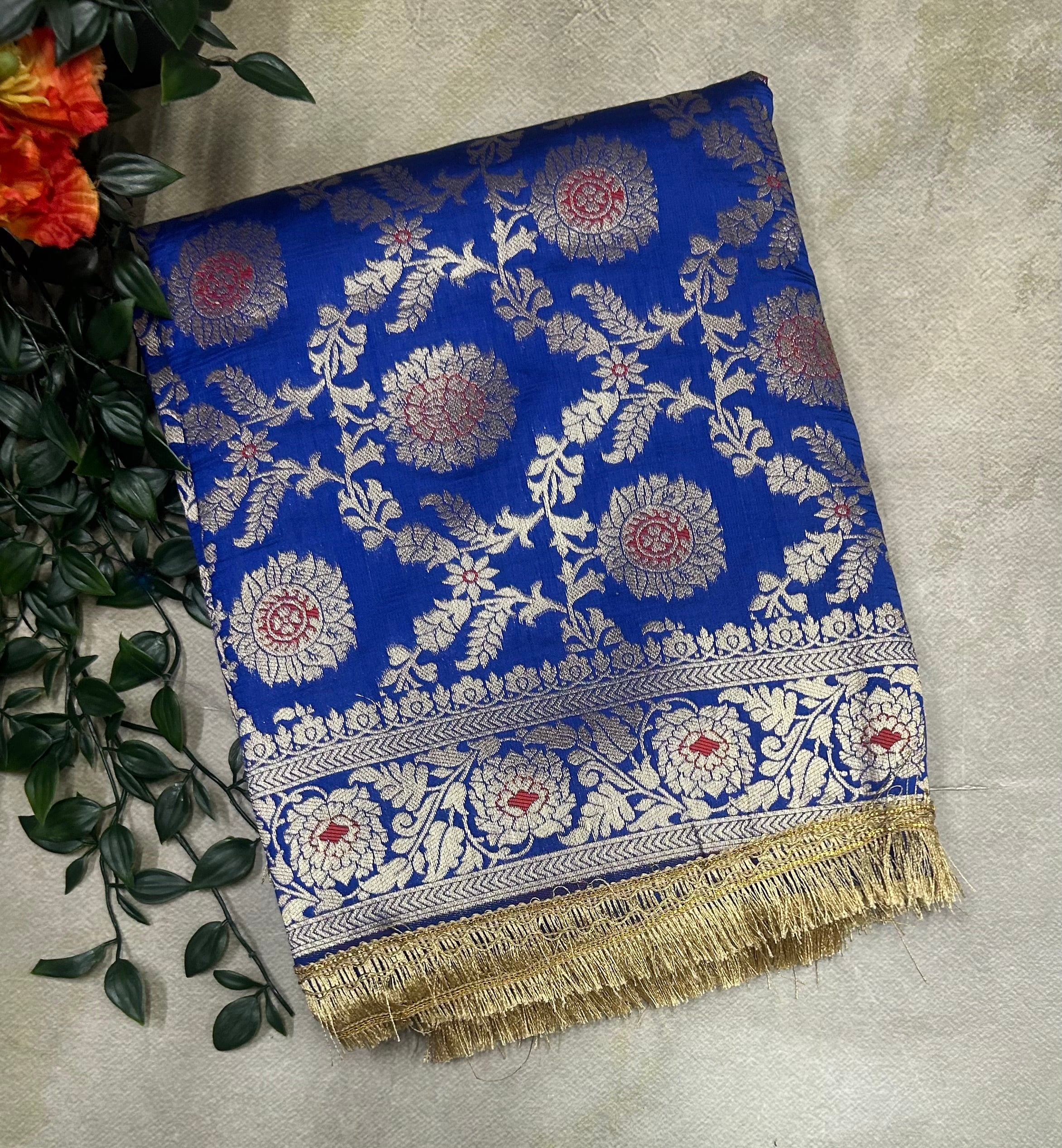 Royal blue brocade Jaal pattern semi silk saree
