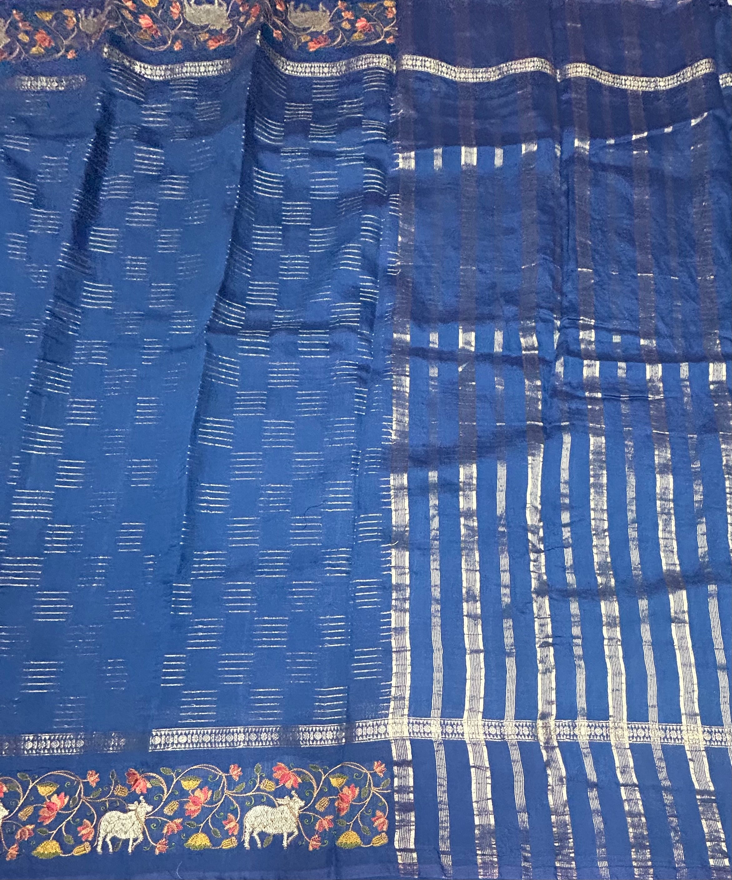 Navy Blue Pichwai embroidery Work soft Tussar crêpe Saree