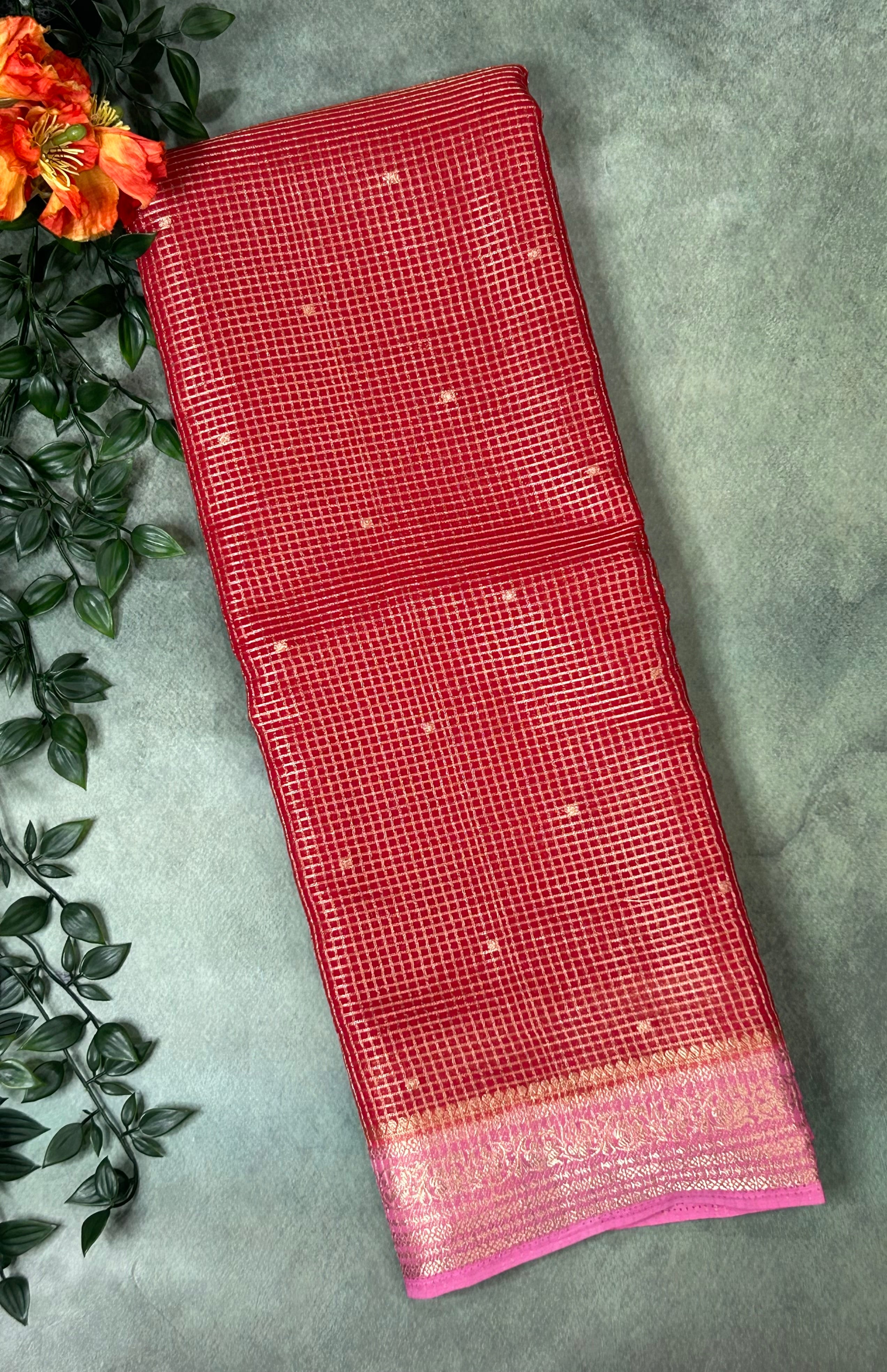 Red small checks semi mysore crepe-12 saree