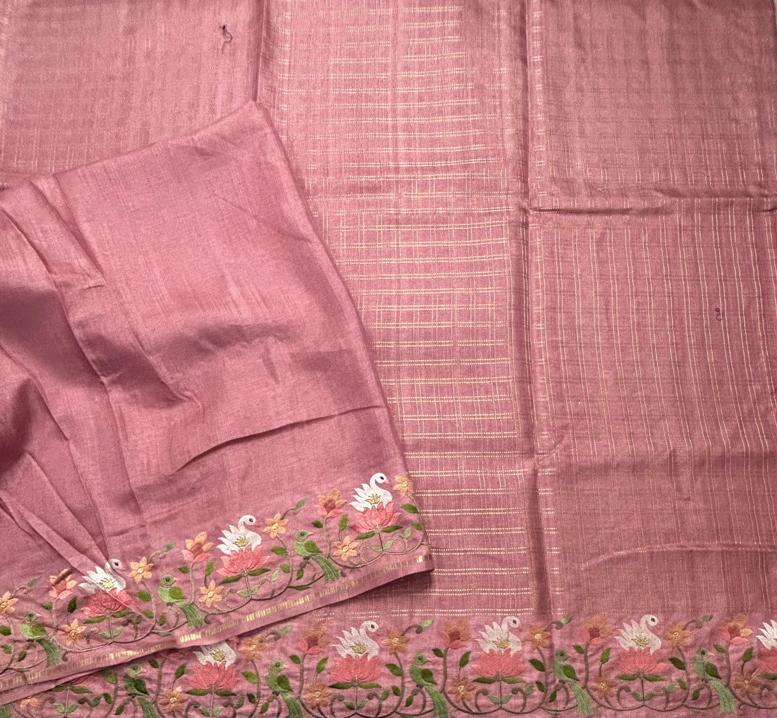 Light pink checks embroidery border semi Tussar 105 saree