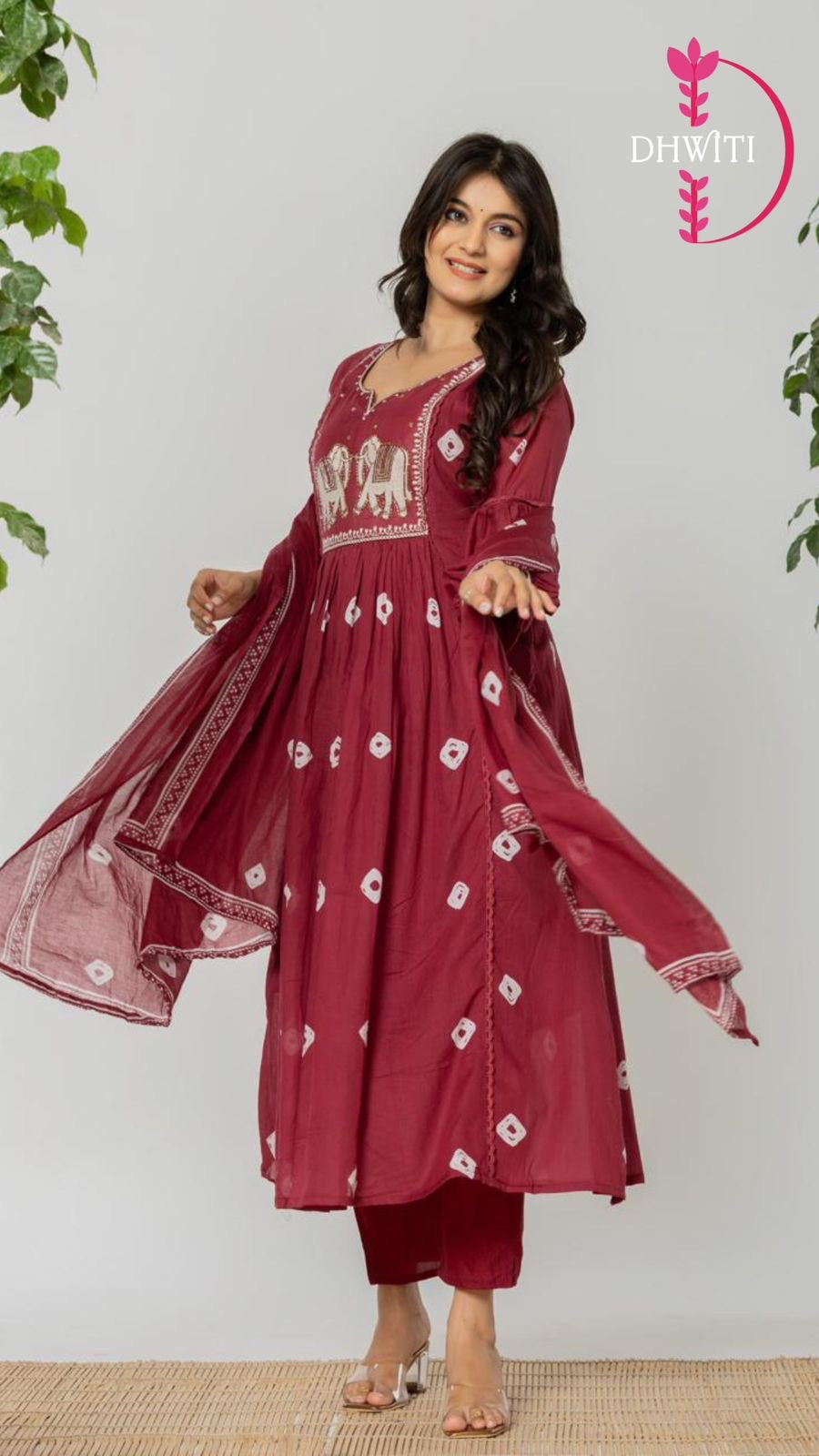 “Naya” Maroon Mul Cotton 3pcs Kurtha suit with block prints and embroidery hi