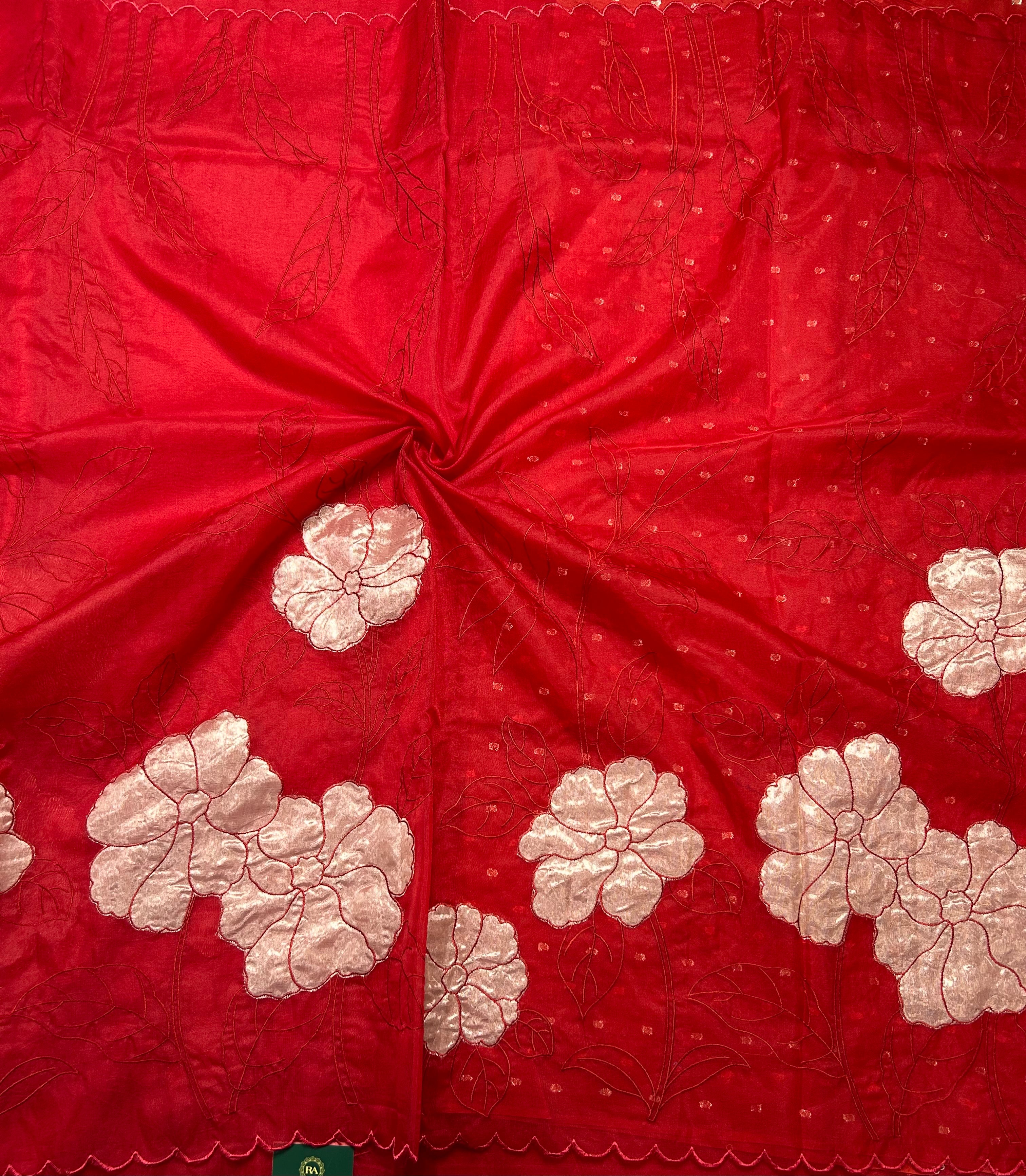 Red vicose organza appliqué scallop border 105 saree