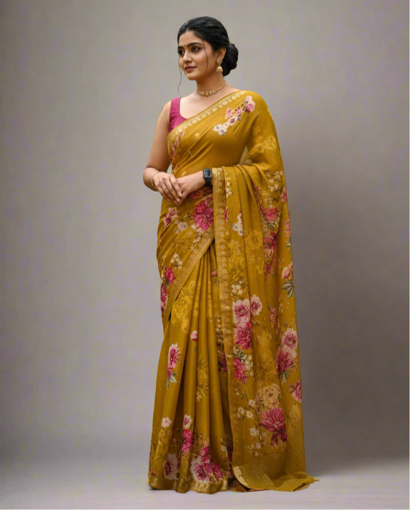 Bright Yellow Digital Print Chinon-09 Saree – Lightweight Designer Saree for Festive & Party Wear