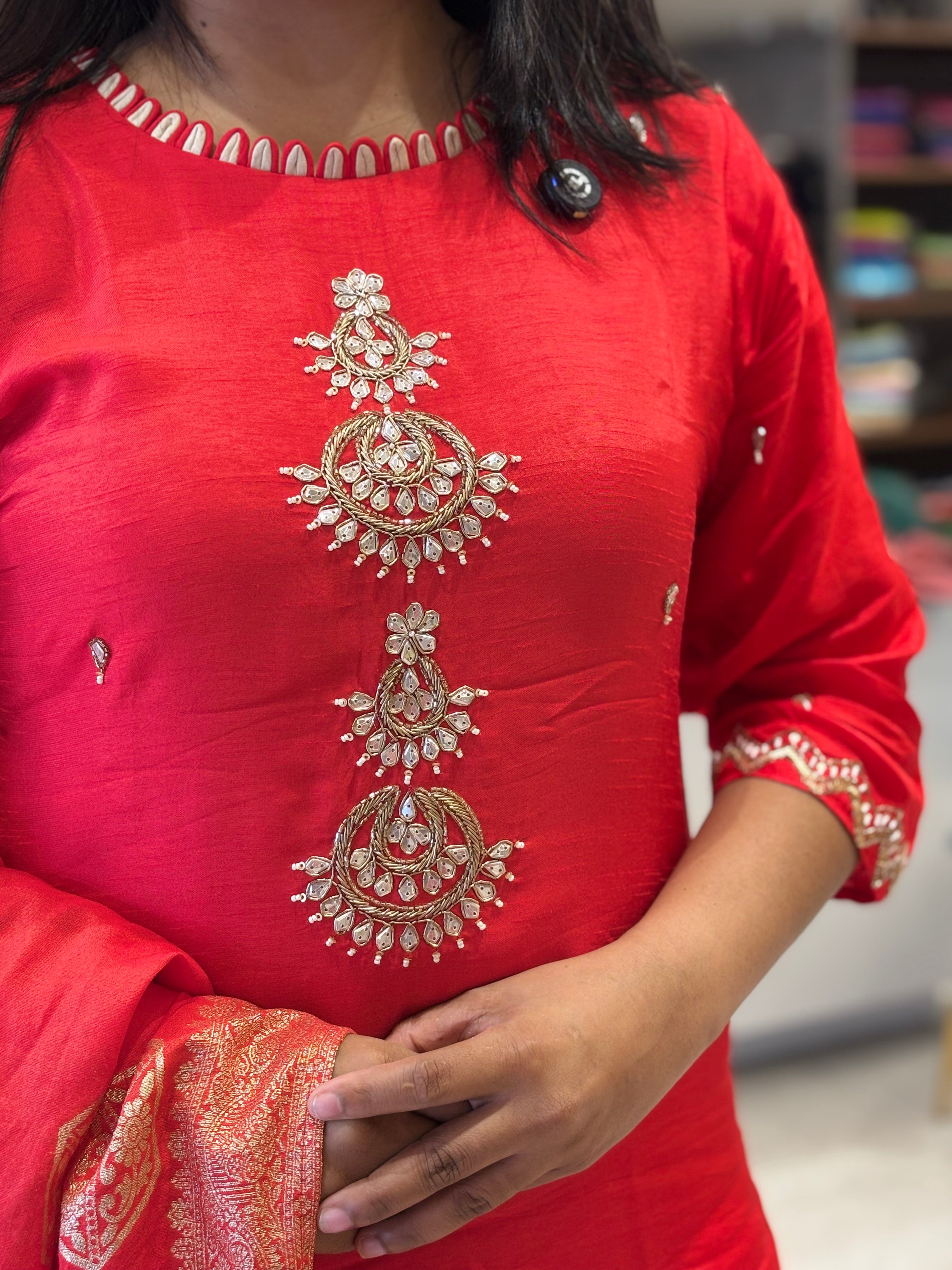 Red Dola Silk Handwork Straight Fit Kurtha 49