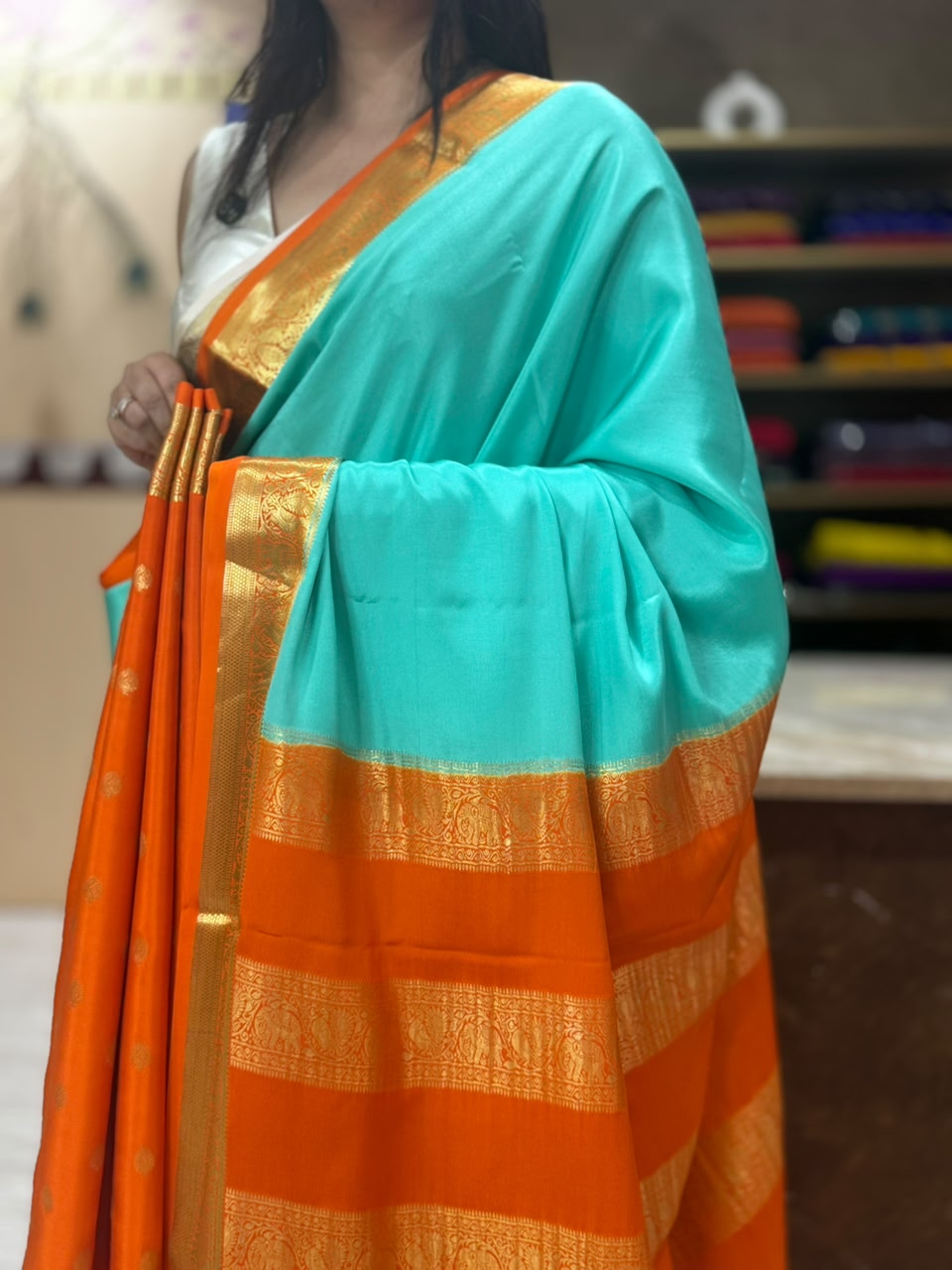 Distemper n orange partly pallu pure Mysore silk saree PP106