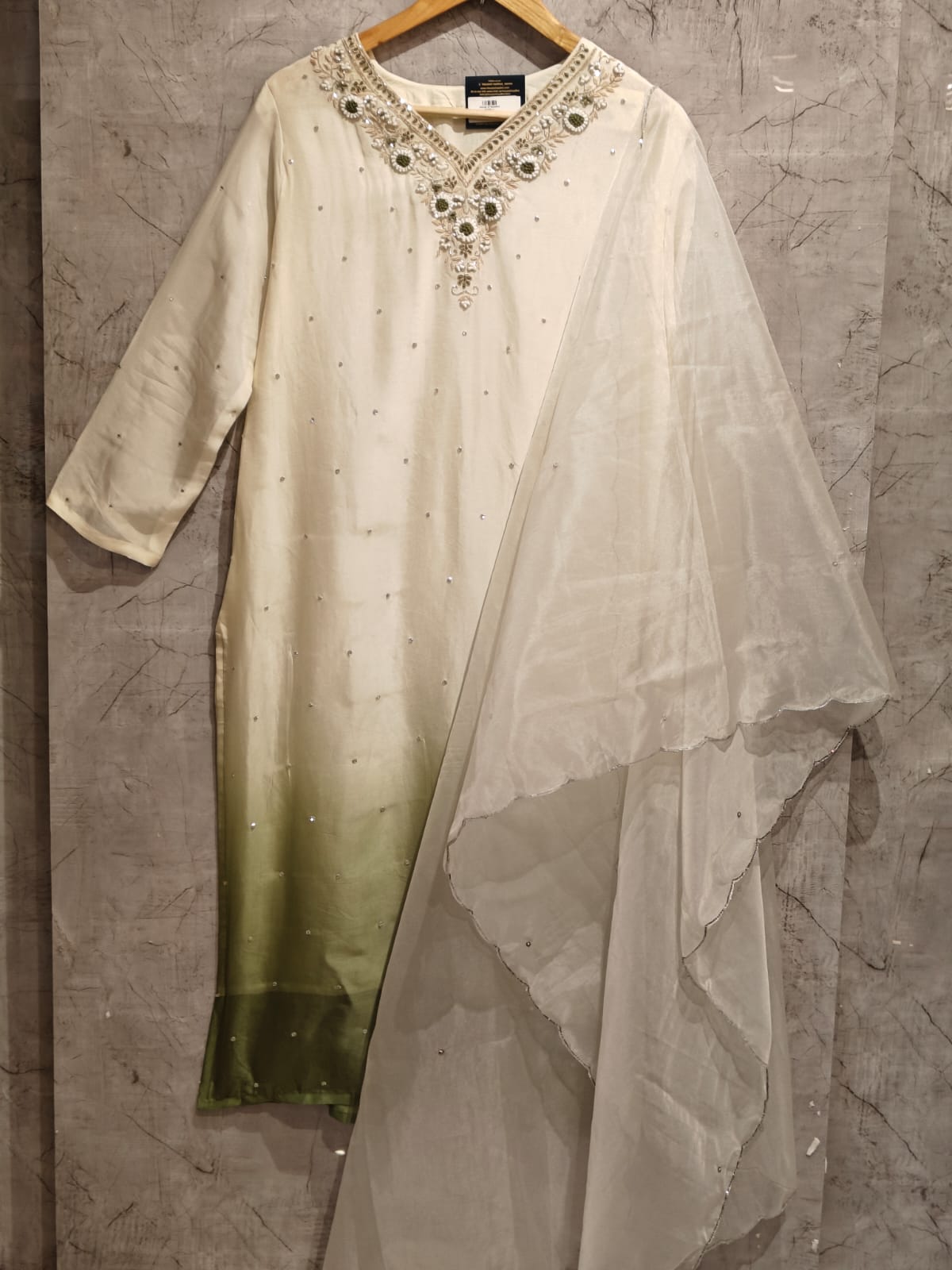 White and Green with Handwork kurtha set