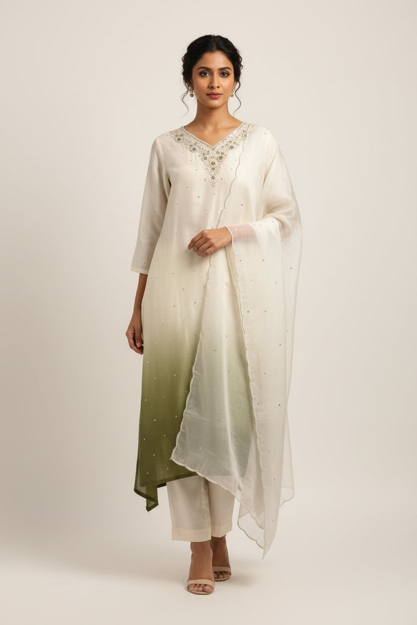 White and Green with Handwork kurtha set