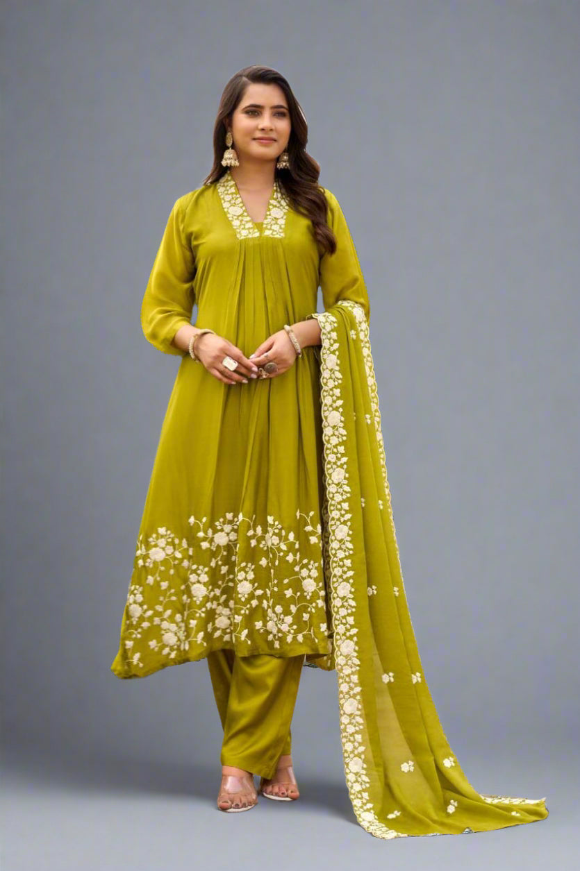 "Devi" Mehendi Green Chinnon Embroidery 309 Airline Handwork Kurtha