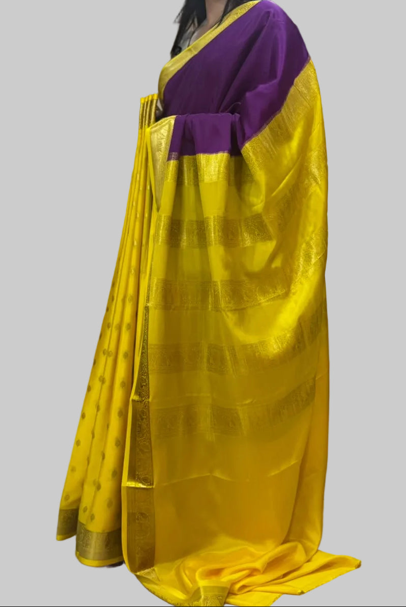 Purple n yellow partly pallu pure Mysore silk saree PP106