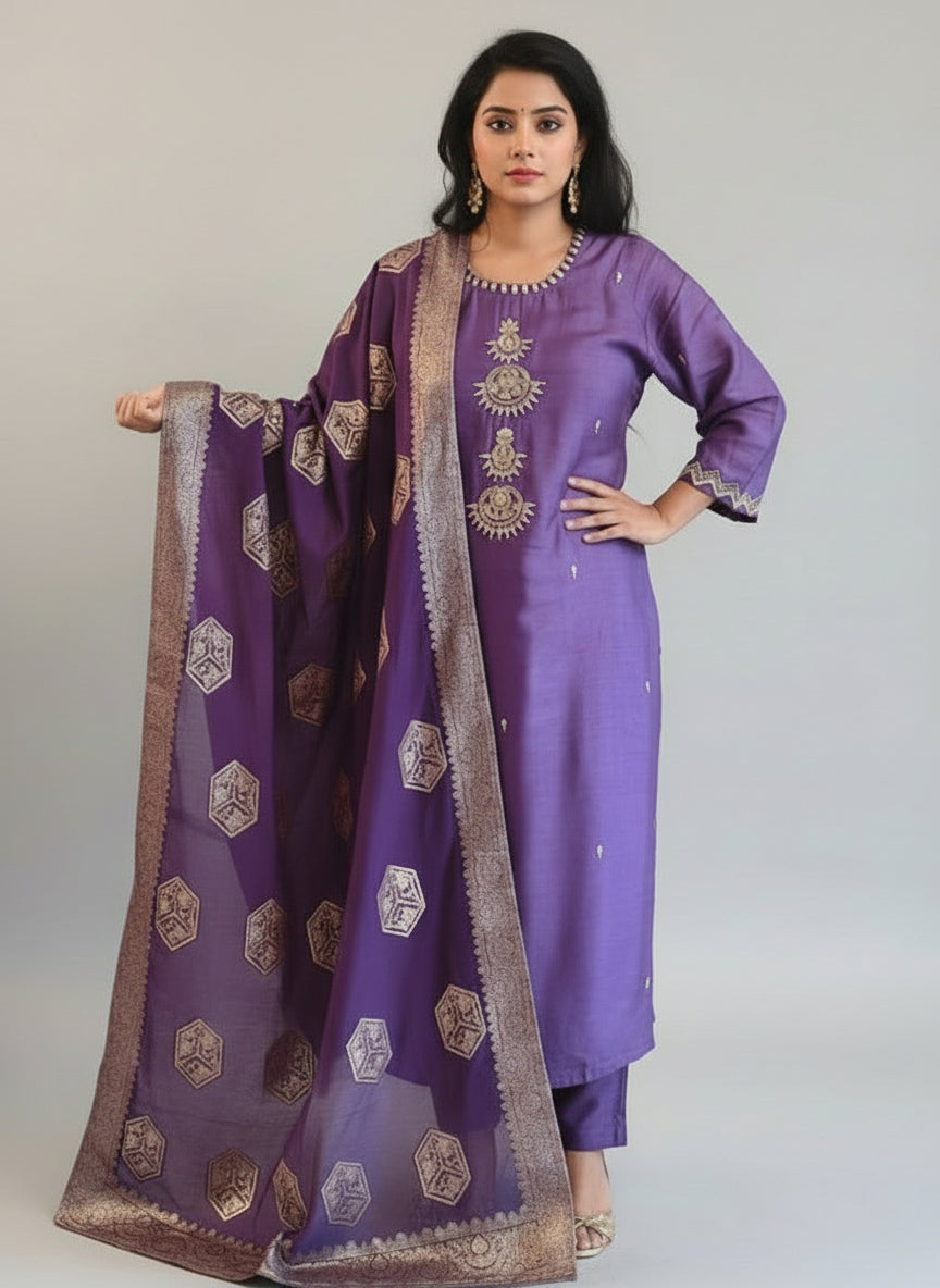 Purple Dola Silk Handwork Straight Fit Kurtha 49