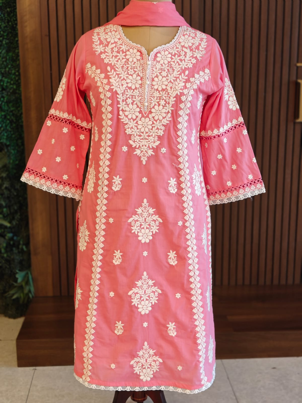 Pink Mul Cotton  Chikankari Work Straight Fit Kurtha 196
