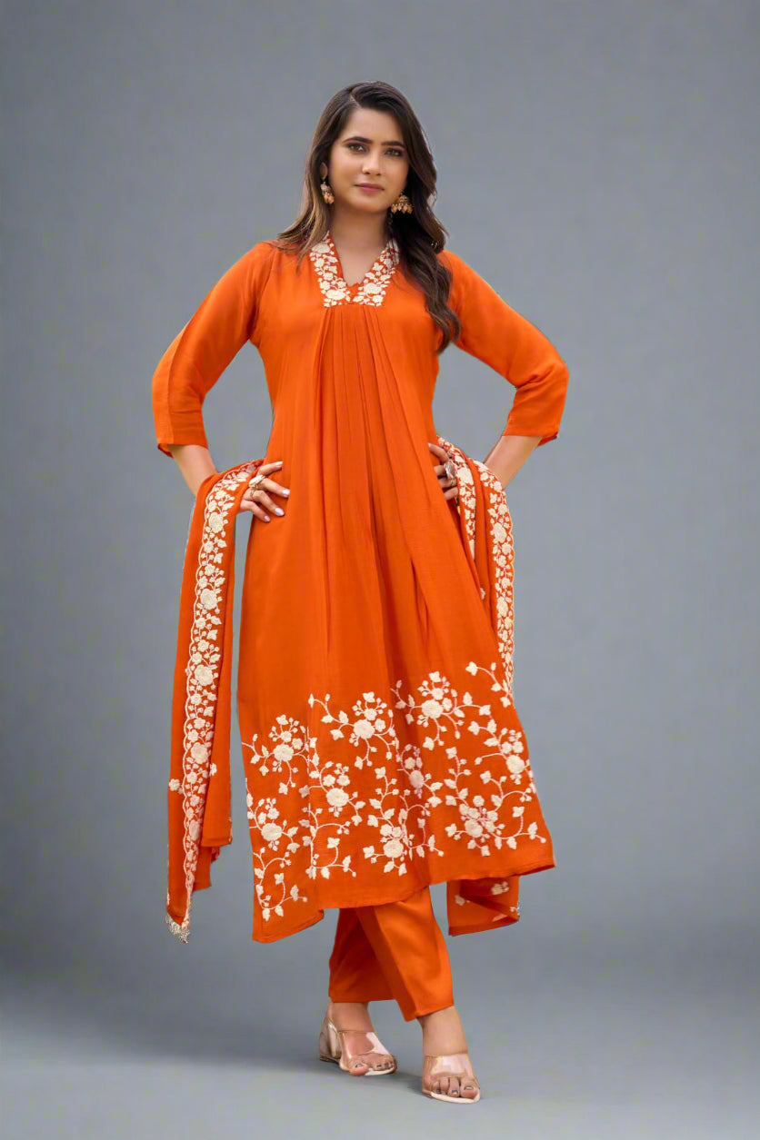 "Devi" Orange chinnon Embroidery 309 Airline handwork Kurtha plus size