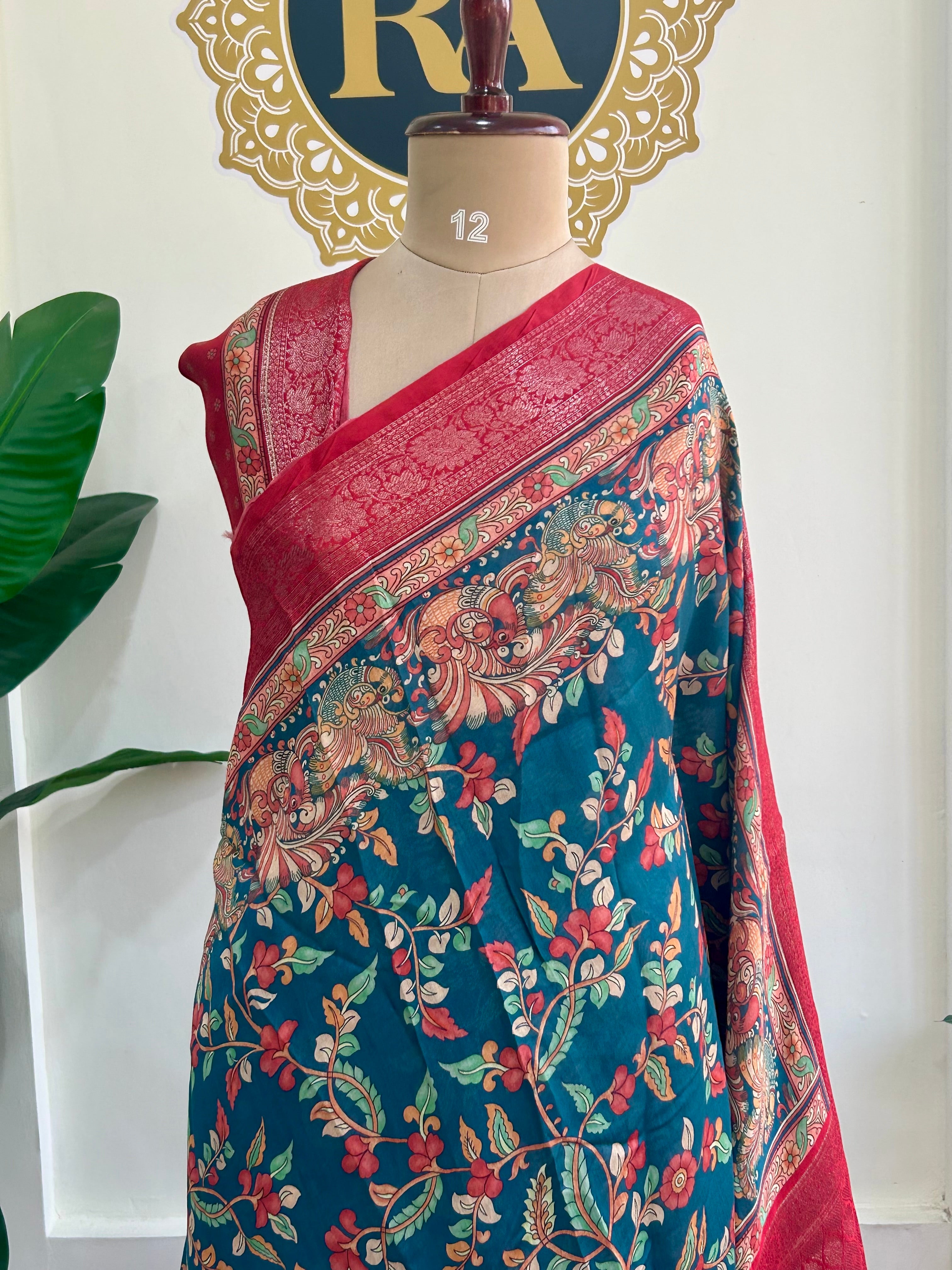 Peacock blue n red  bb kalamkari Chanderi saree