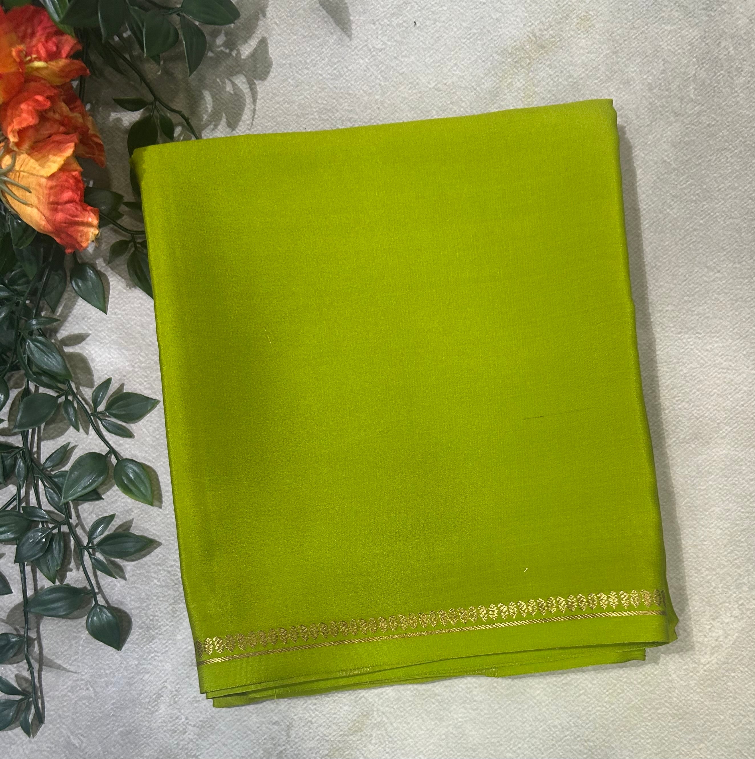 Neon green small border pure Mysore silk 103 saree