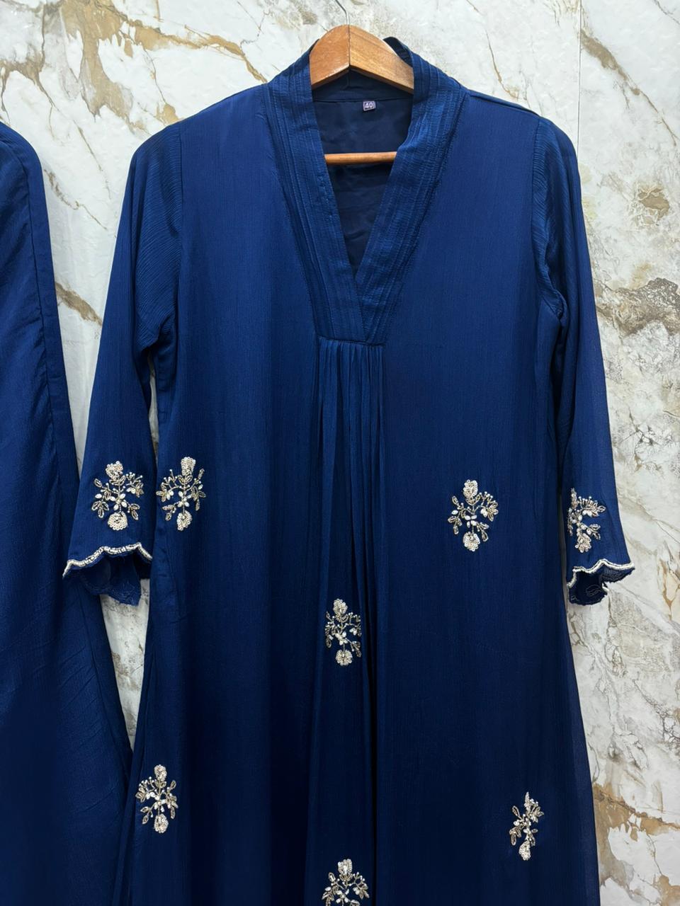 Royal Blue  Chinnon Hand Embroidery Airline Kurtha 291