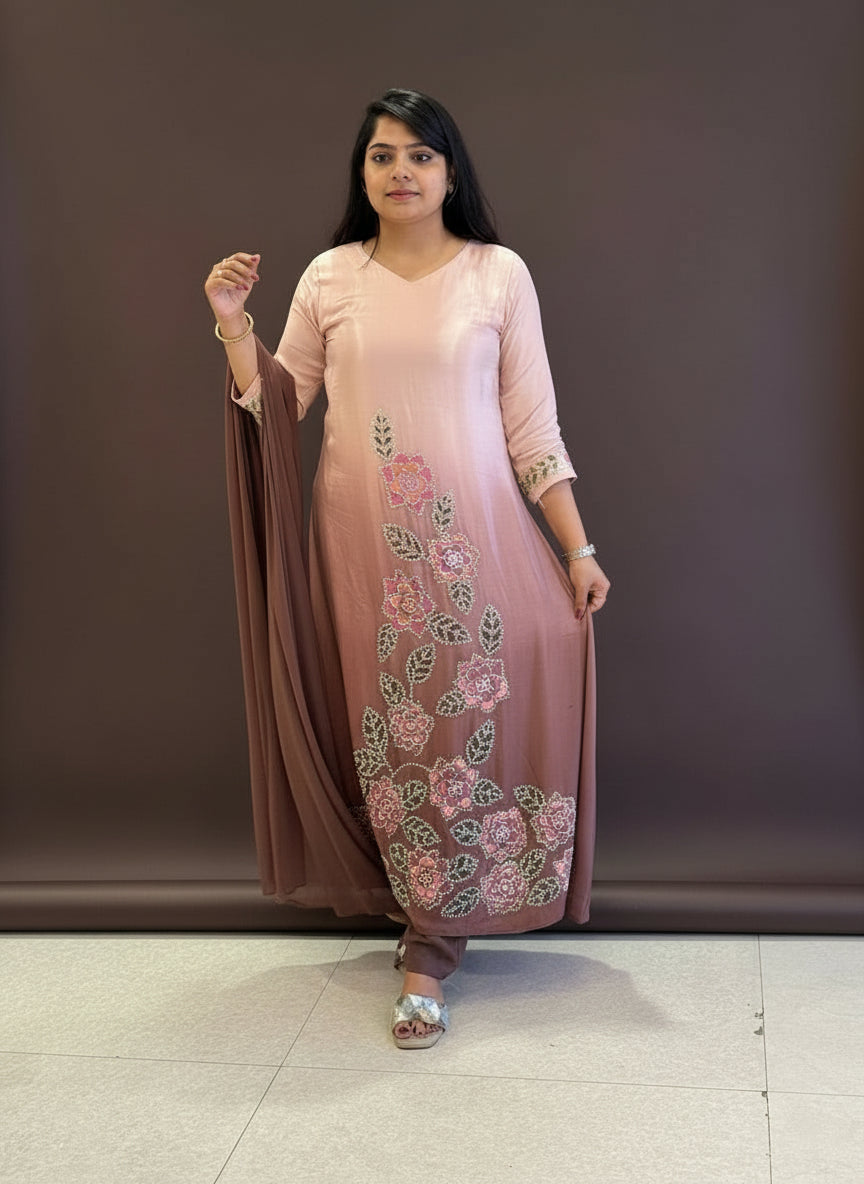 Brown Crepe Handwork Airline Kurtha 443