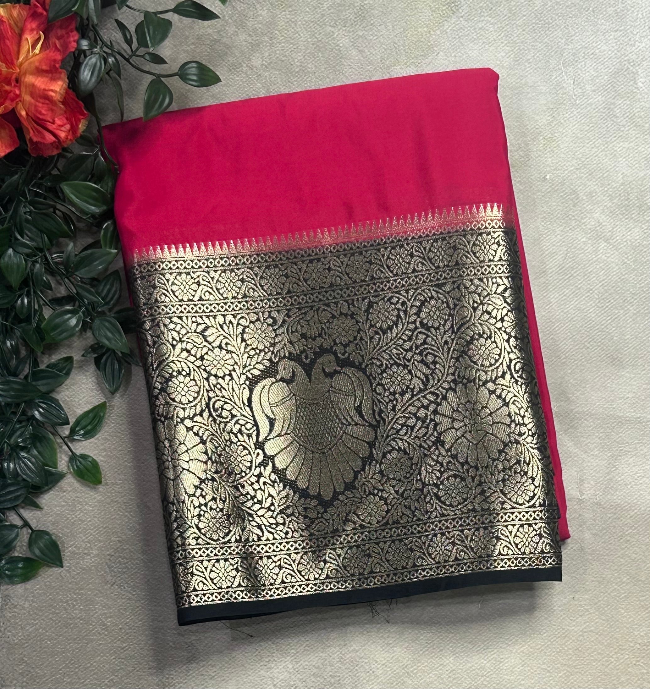 Red contrast long border soft semi Mysore crepe 106 saree