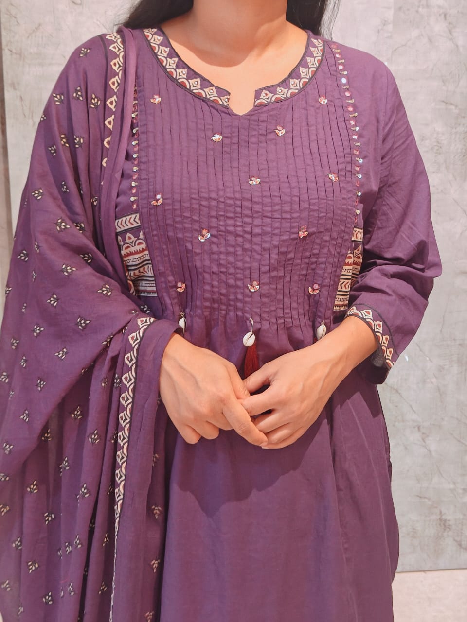 Purple Cotton Embroidery Straight Fit Kurtha 606