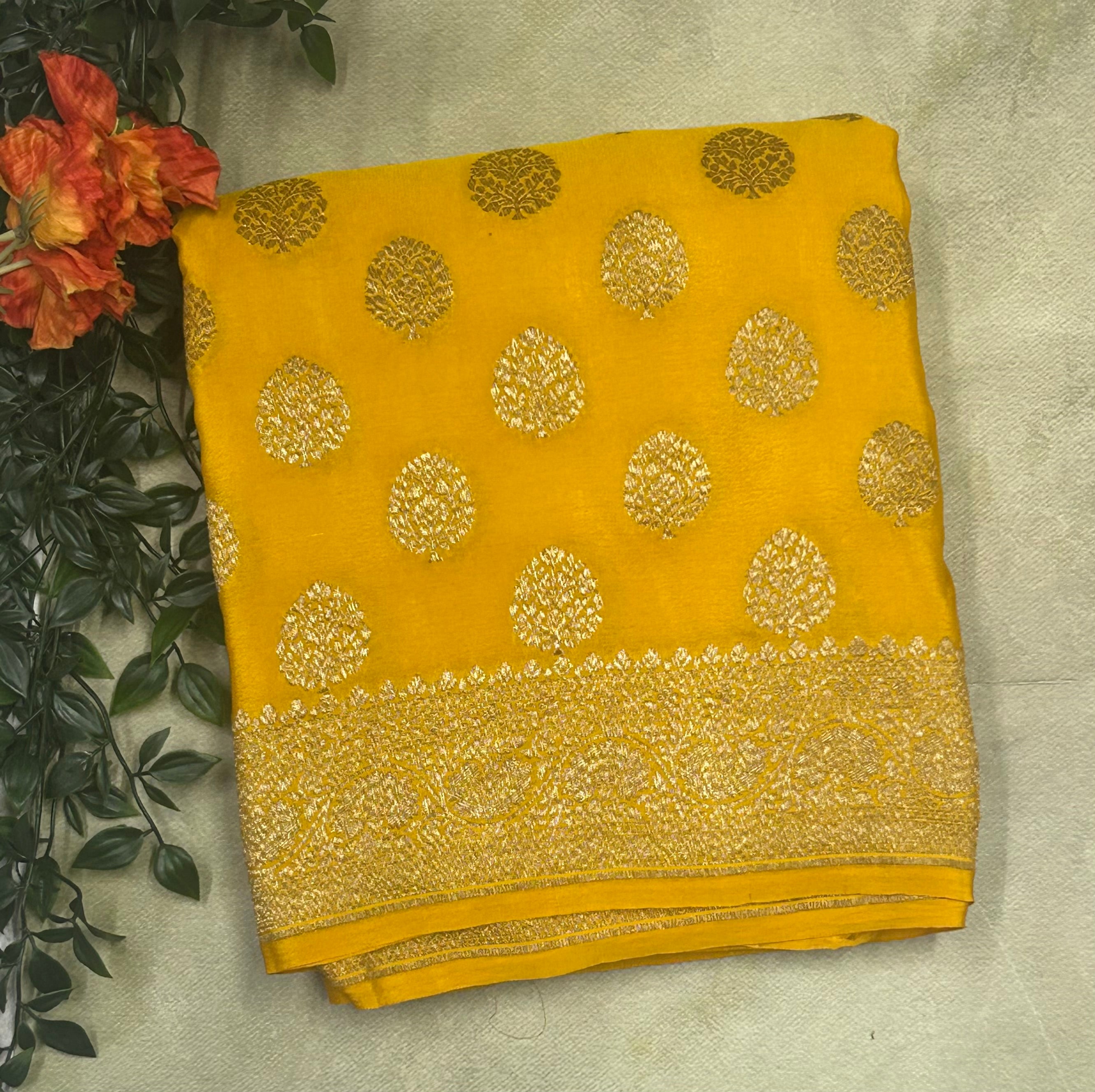 Yellow small n big butta pure benarasi crepe 103 saree