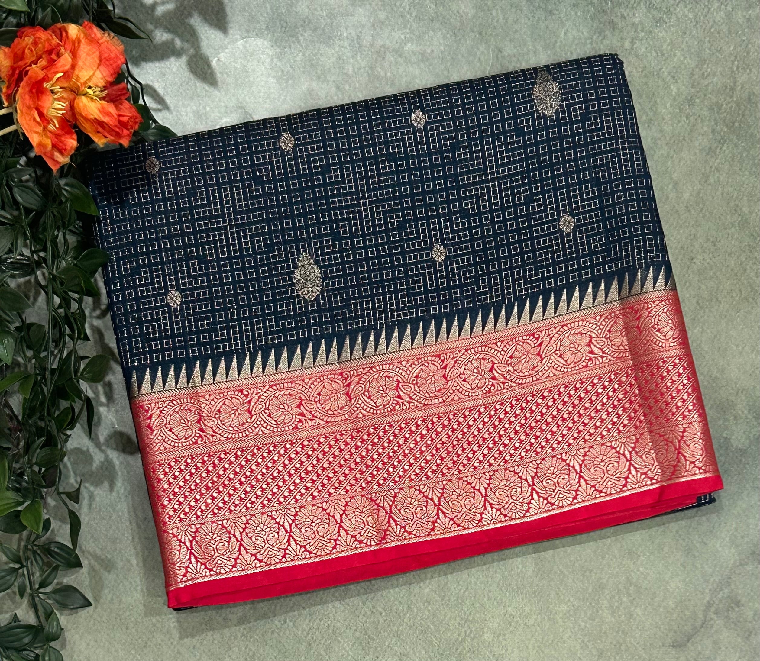 Navy blue contrast dola checks 103 saree