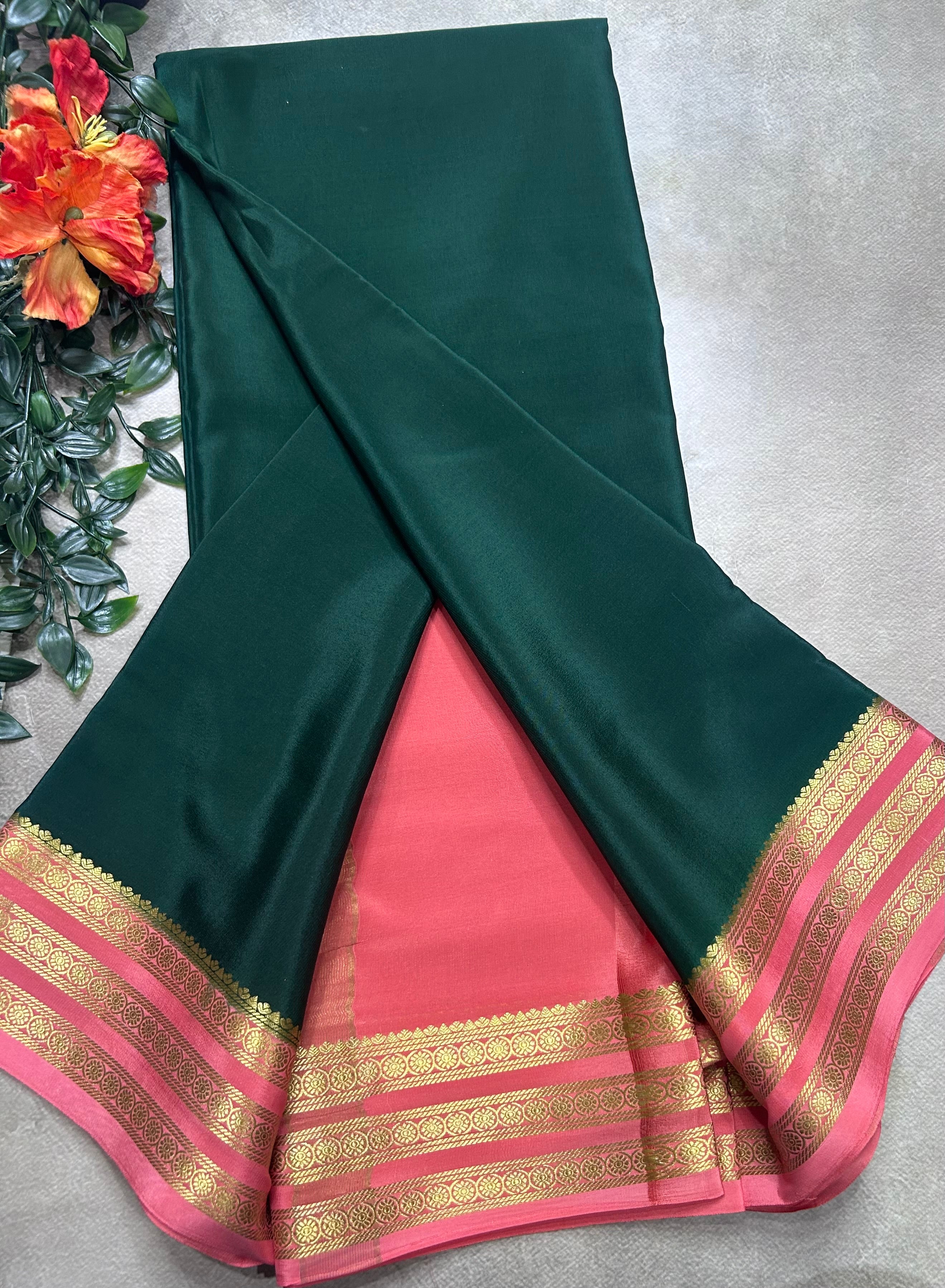 Bottle green small border pure mysore silk saree(MSC106)