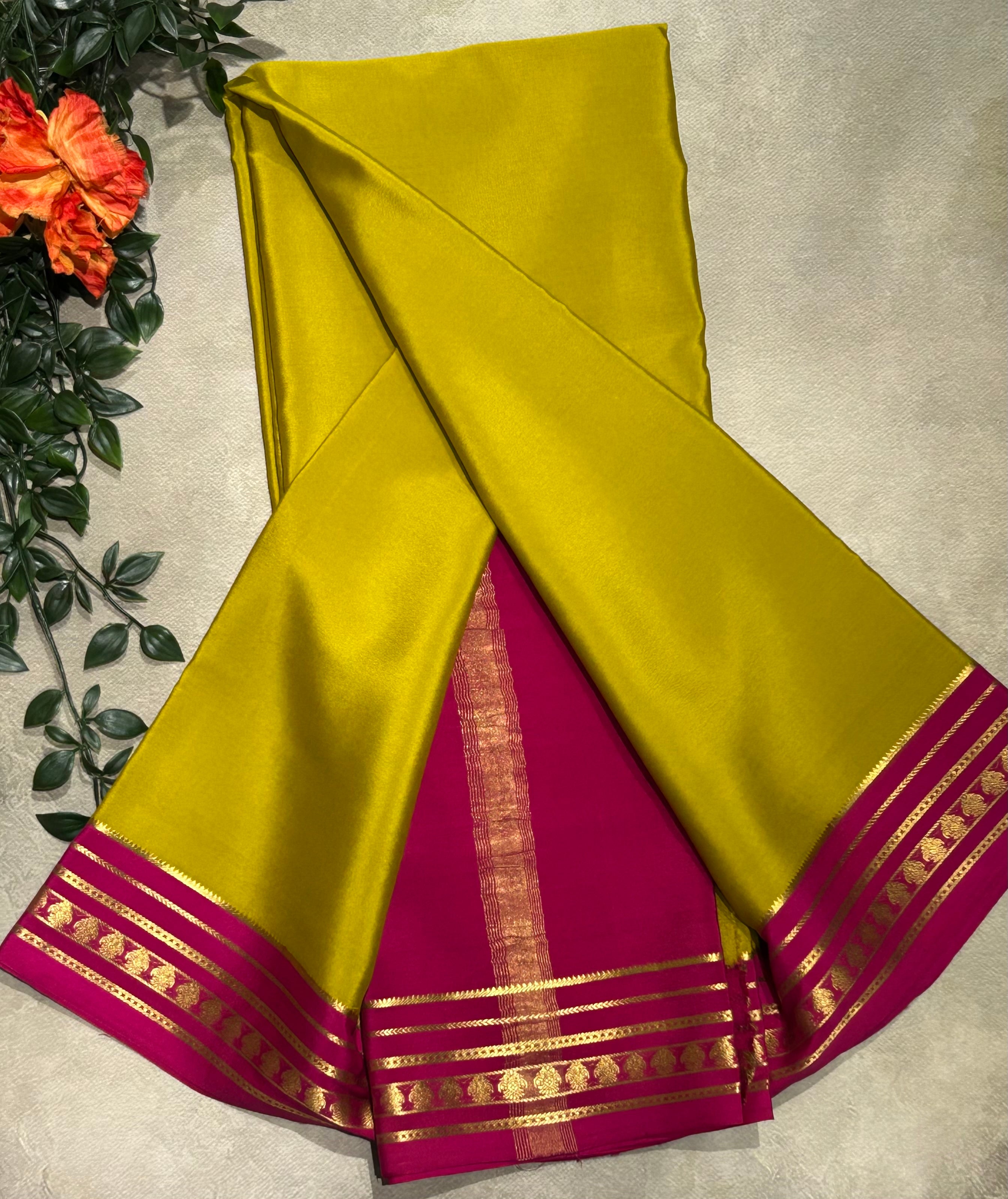 Dark neon green stripes border pure Mysore silk-103 saree