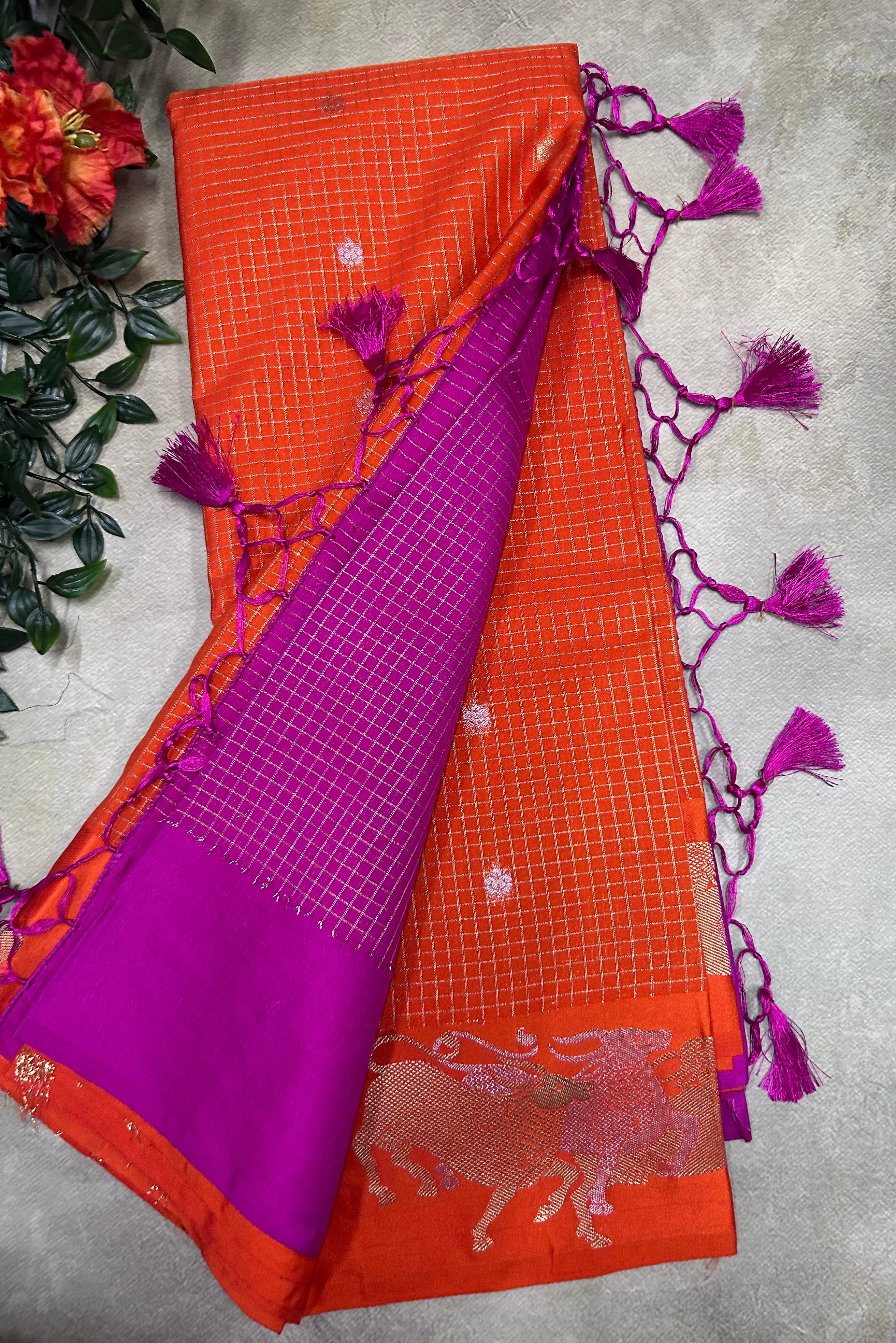 Orange small checks semi Mysore crepe saree(SMC106)