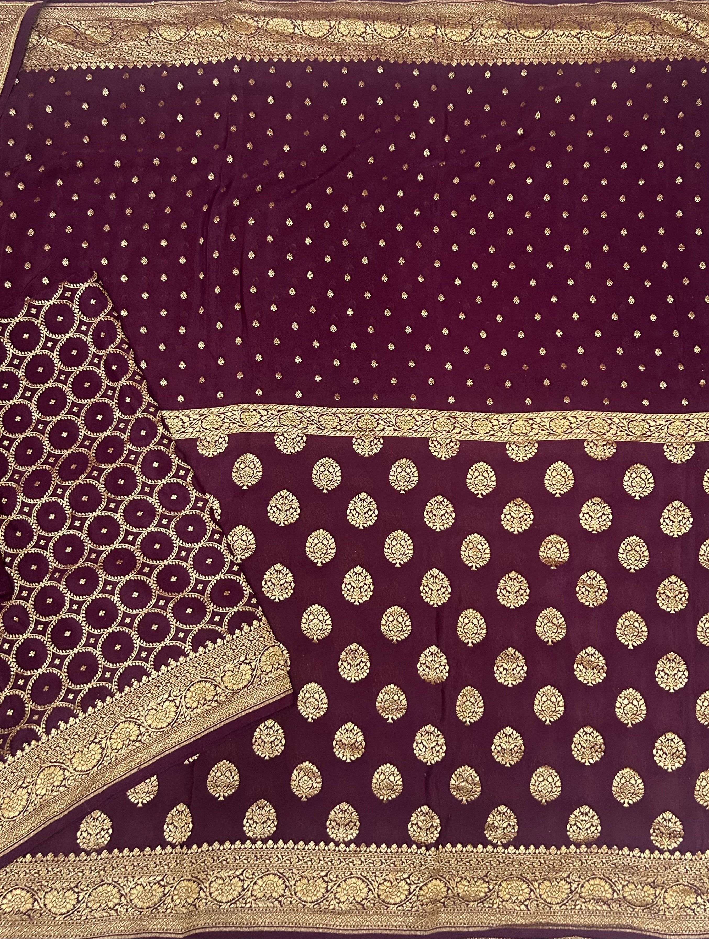 Wine small n big butta pure benarasi crepe 103 saree