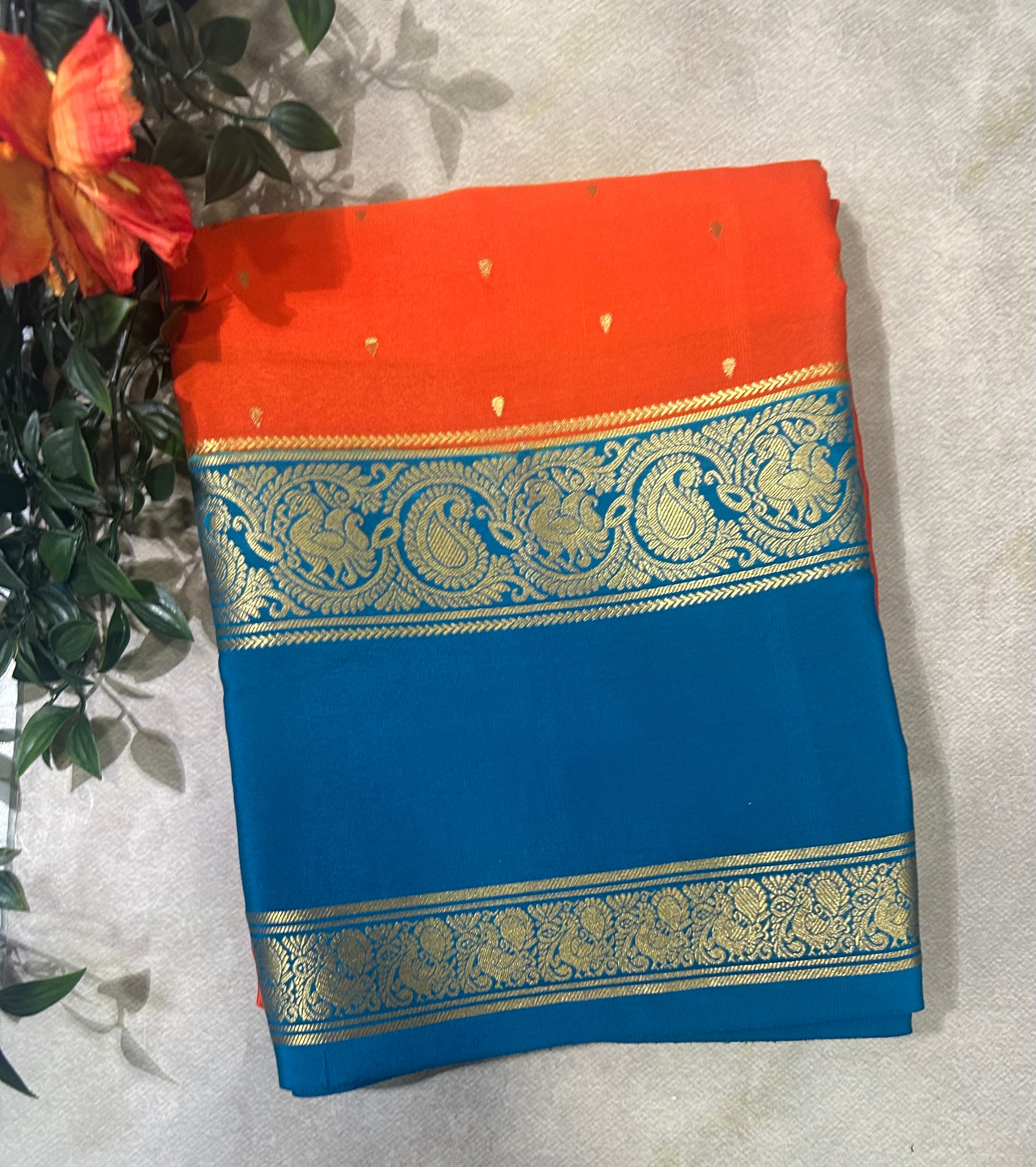 Orange bentex border pure Mysore silk 105 saree