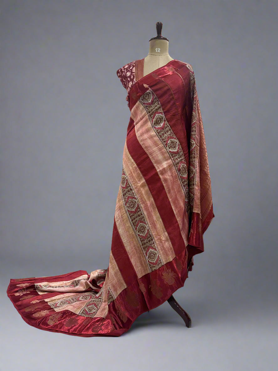 Maroon Elegant Dola Silk Fabric with Satin Border & Striped Design – Premium Ethnic Wear Material