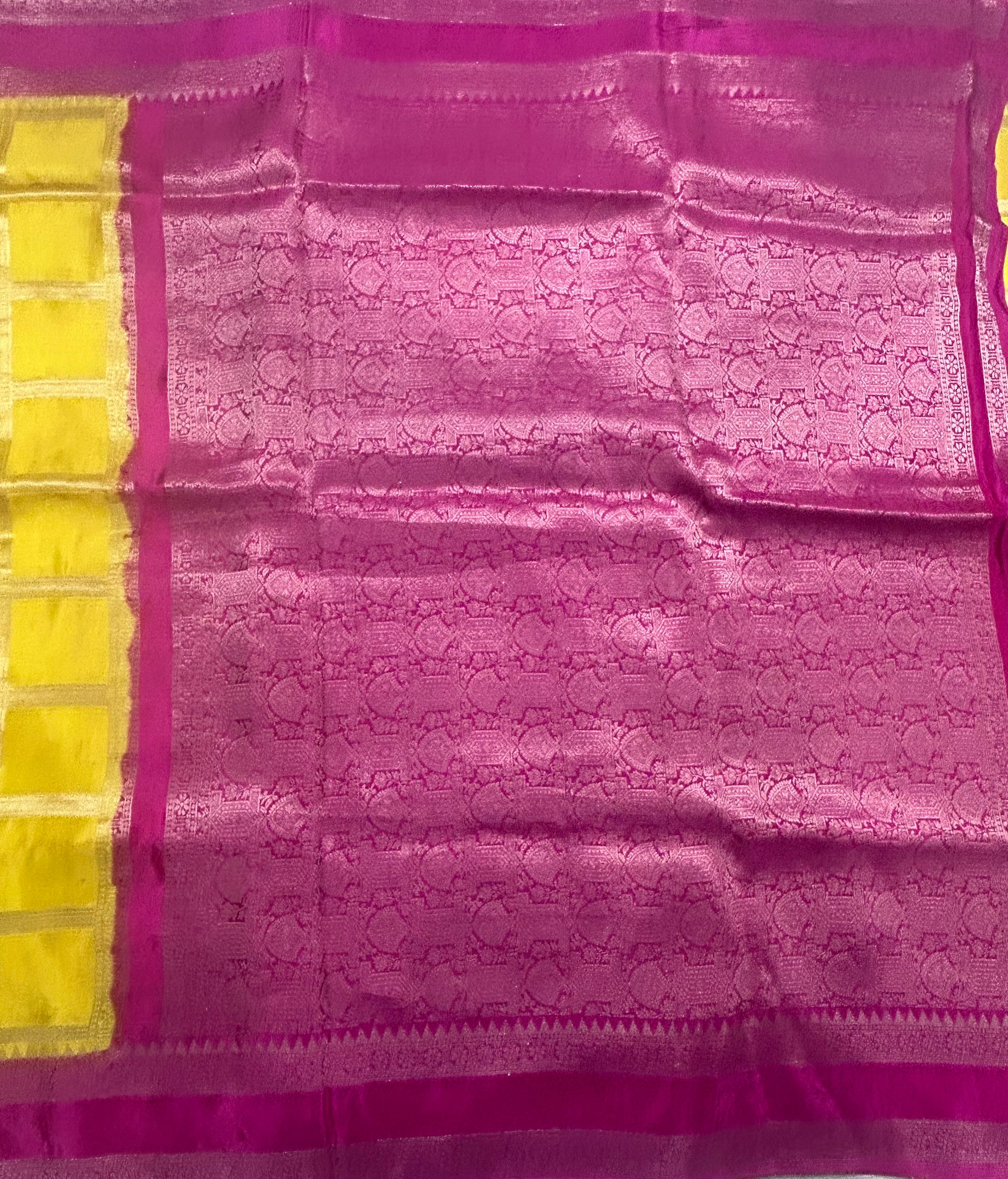 Yellow checks n bentex border semi crepe 106 saree