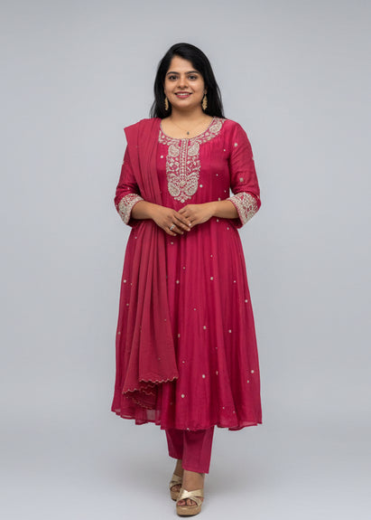 Pink Anarkali Chinnon Hand Embroidery Kurtha 567