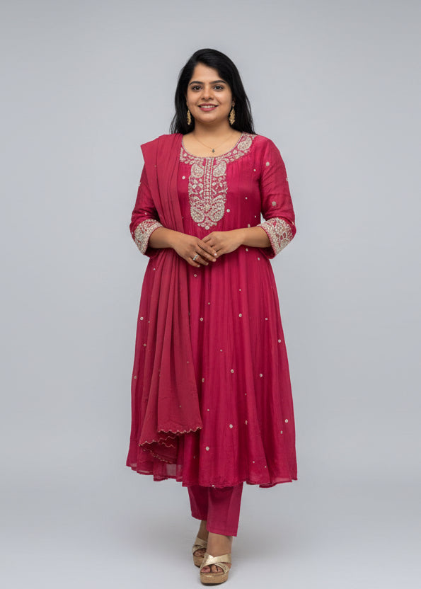 Pink Anarkali Chinnon Hand Embroidery Kurtha 567