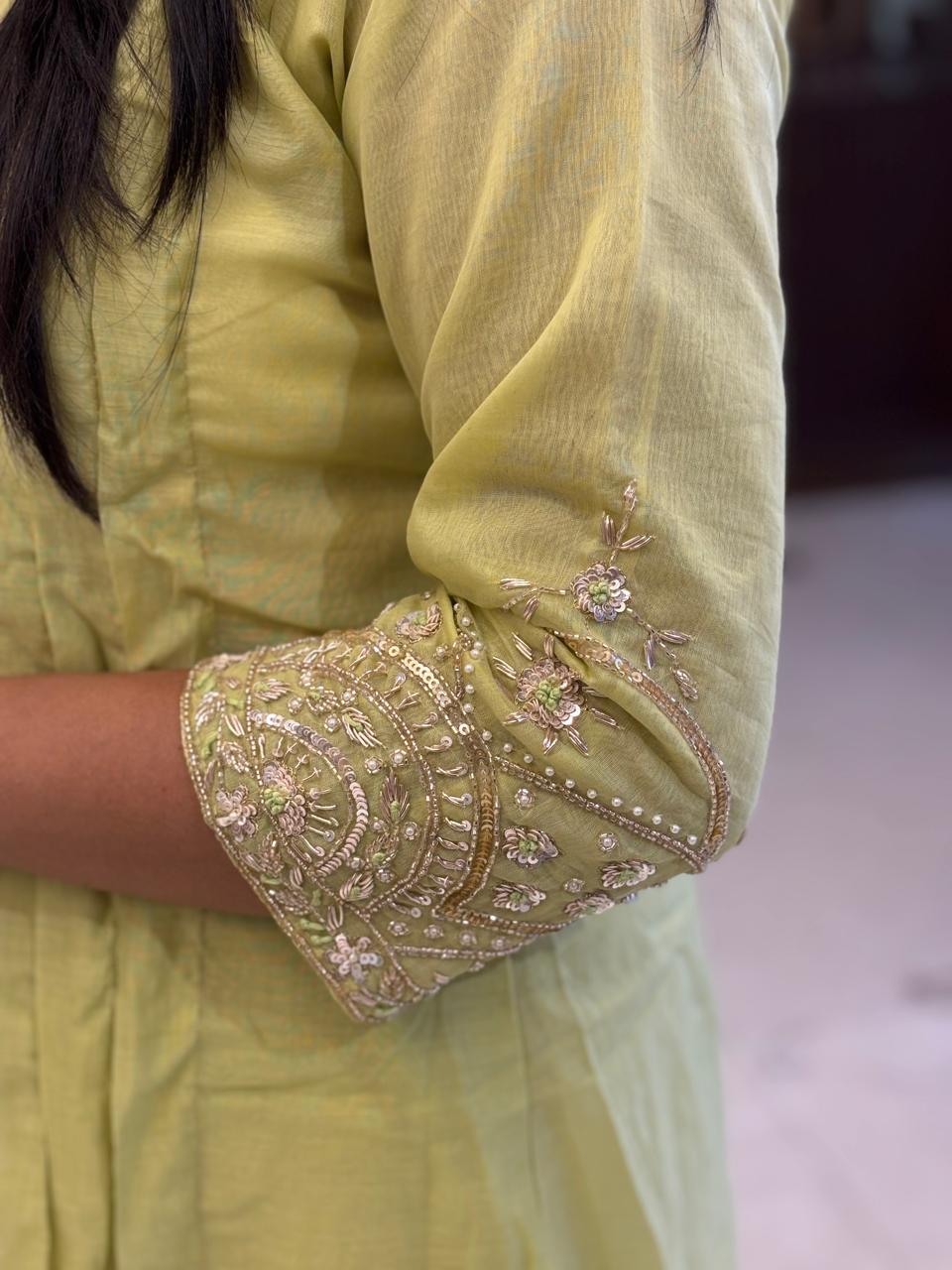 "pani" Pista Green Chanderi Silk Anarkali Handwork Kurtha Set