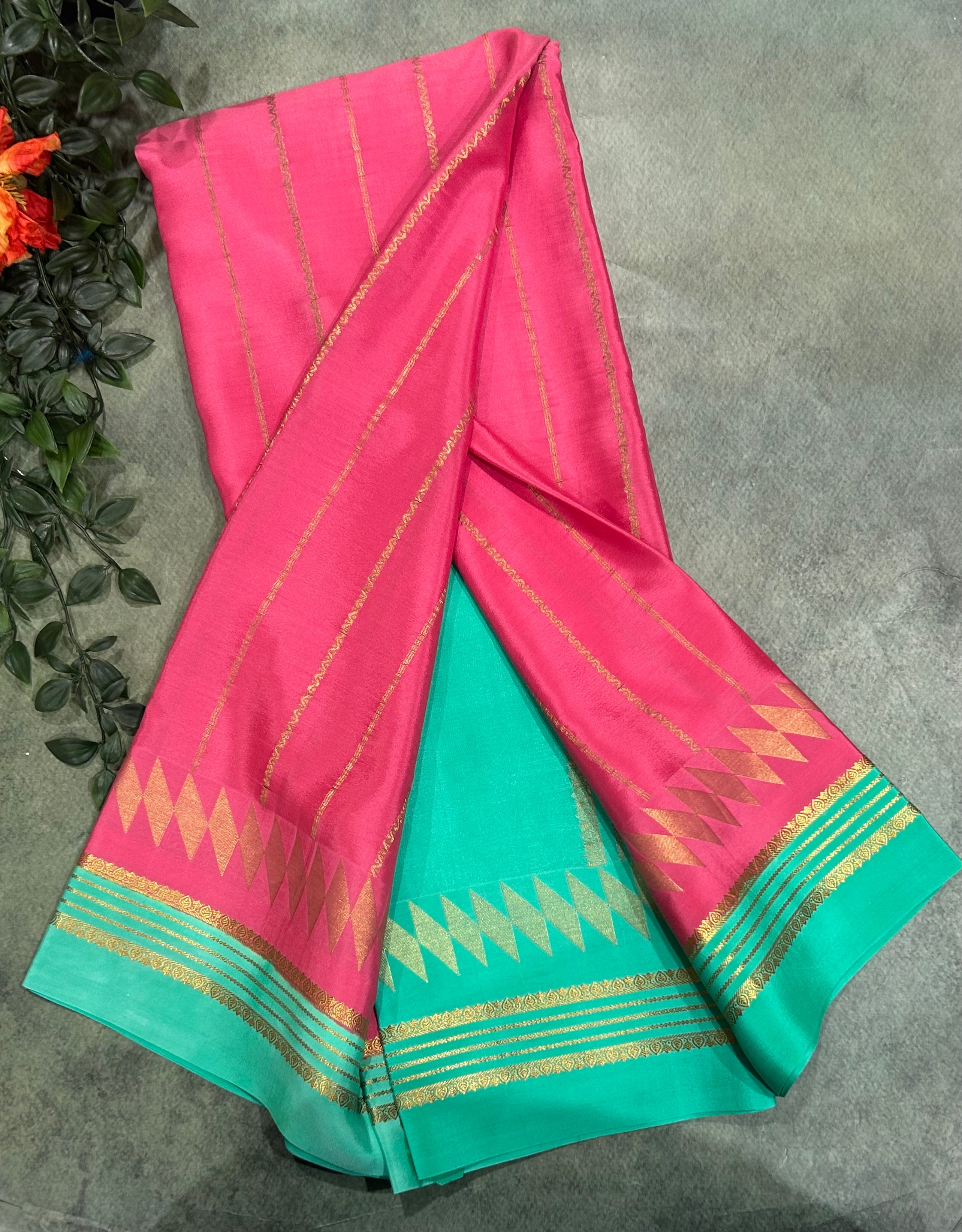 Light pink stripes pure Mysore silk 104 saree