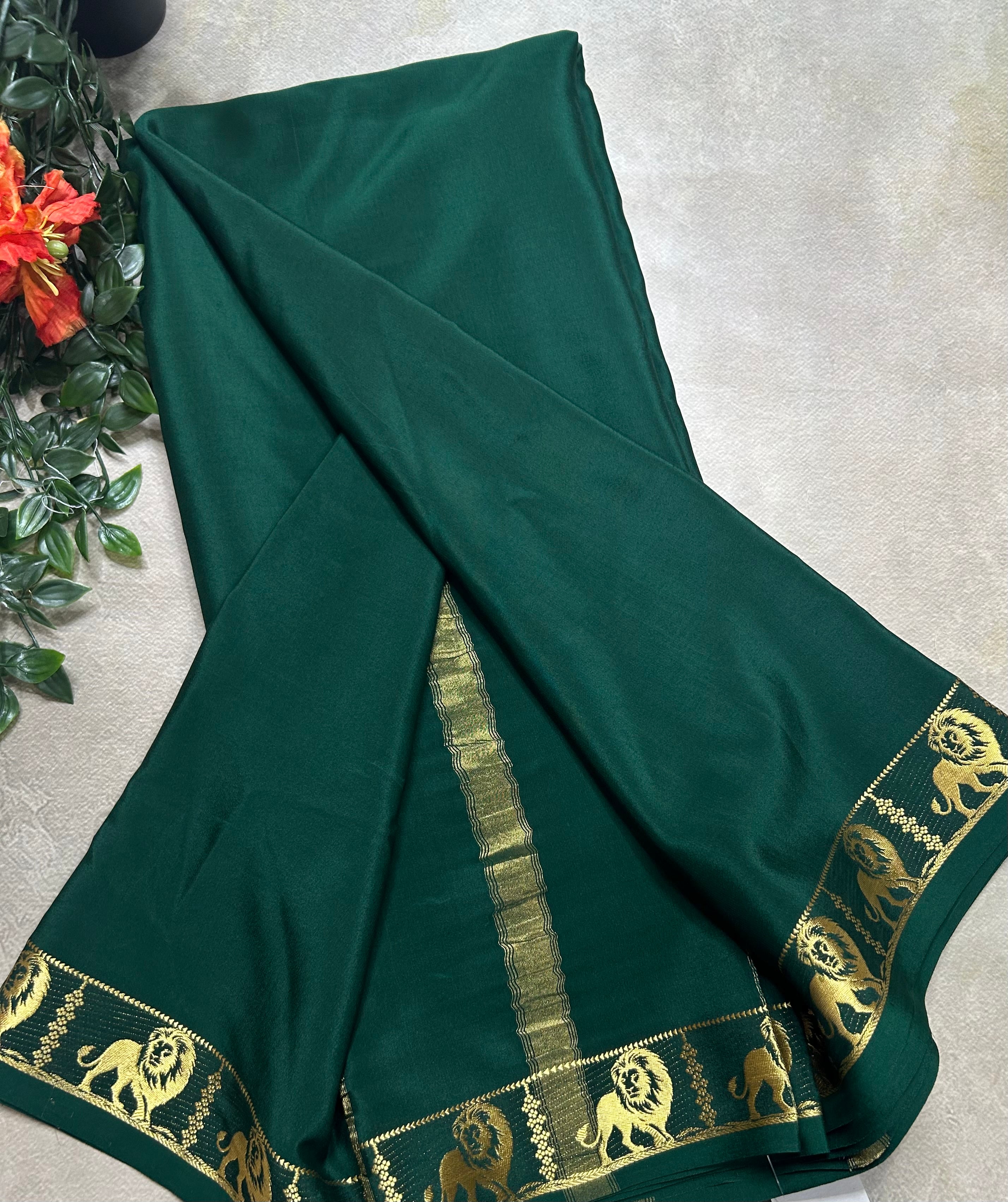 Bottle green lion border pure Mysore silk 105 saree