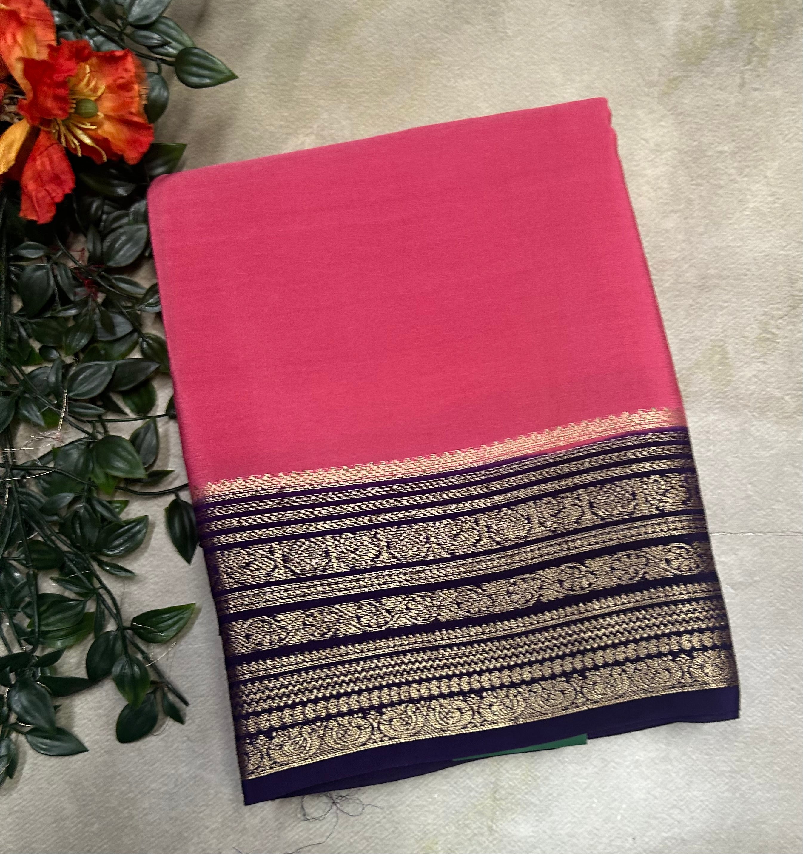 Pastel pink n purple plain semi Mysore crepe silk 105 saree
