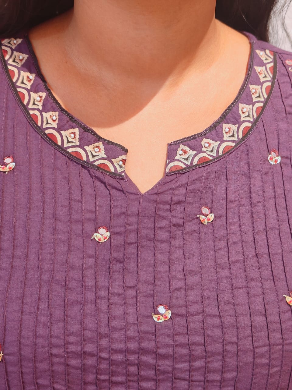 Purple Cotton Embroidery Straight Fit Kurtha 606