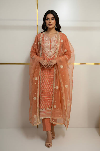 Orange Silk Thread Embroidery Work Straight Fit Kurtha 230