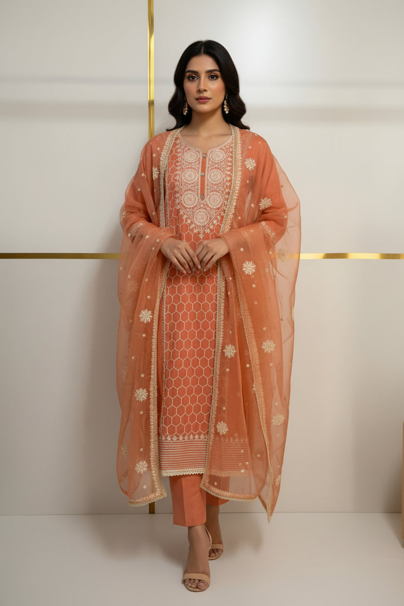 Orange Silk Thread Embroidery Work Straight Fit Kurtha 230