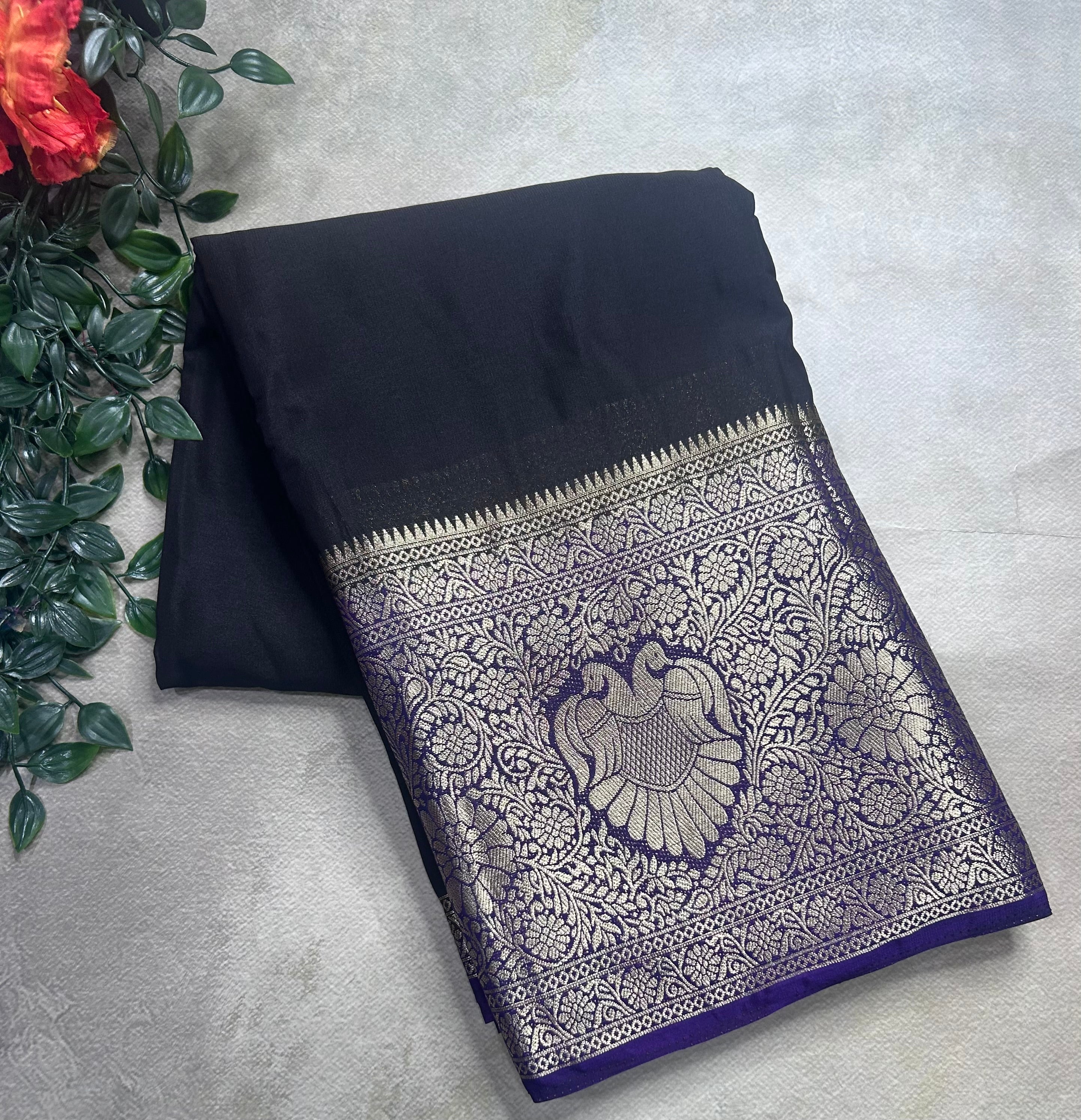 Black contrast long border soft semi Mysore crepe 106 saree
