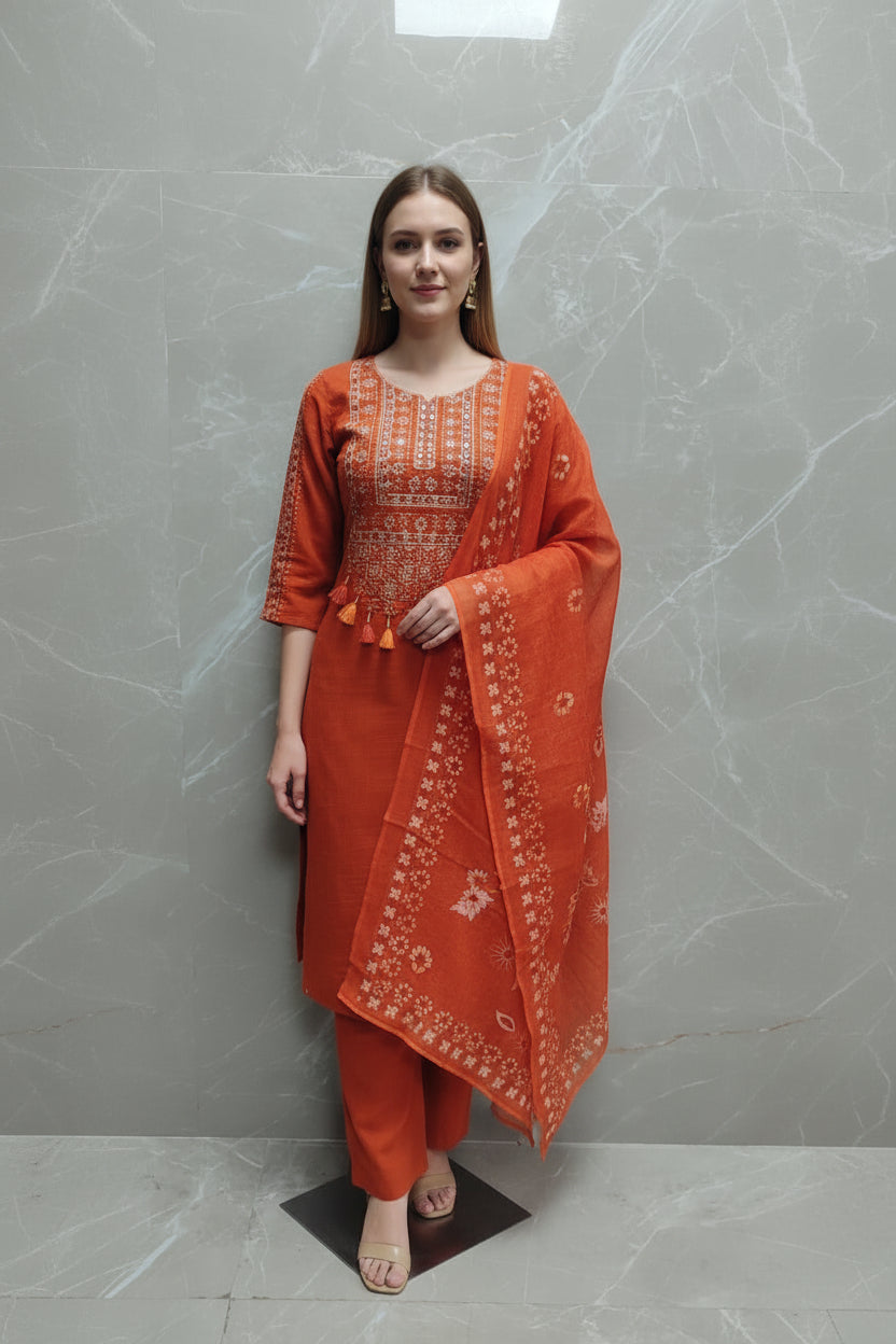Orange Lenin Thread Embroidery Straight Fit Kurtha