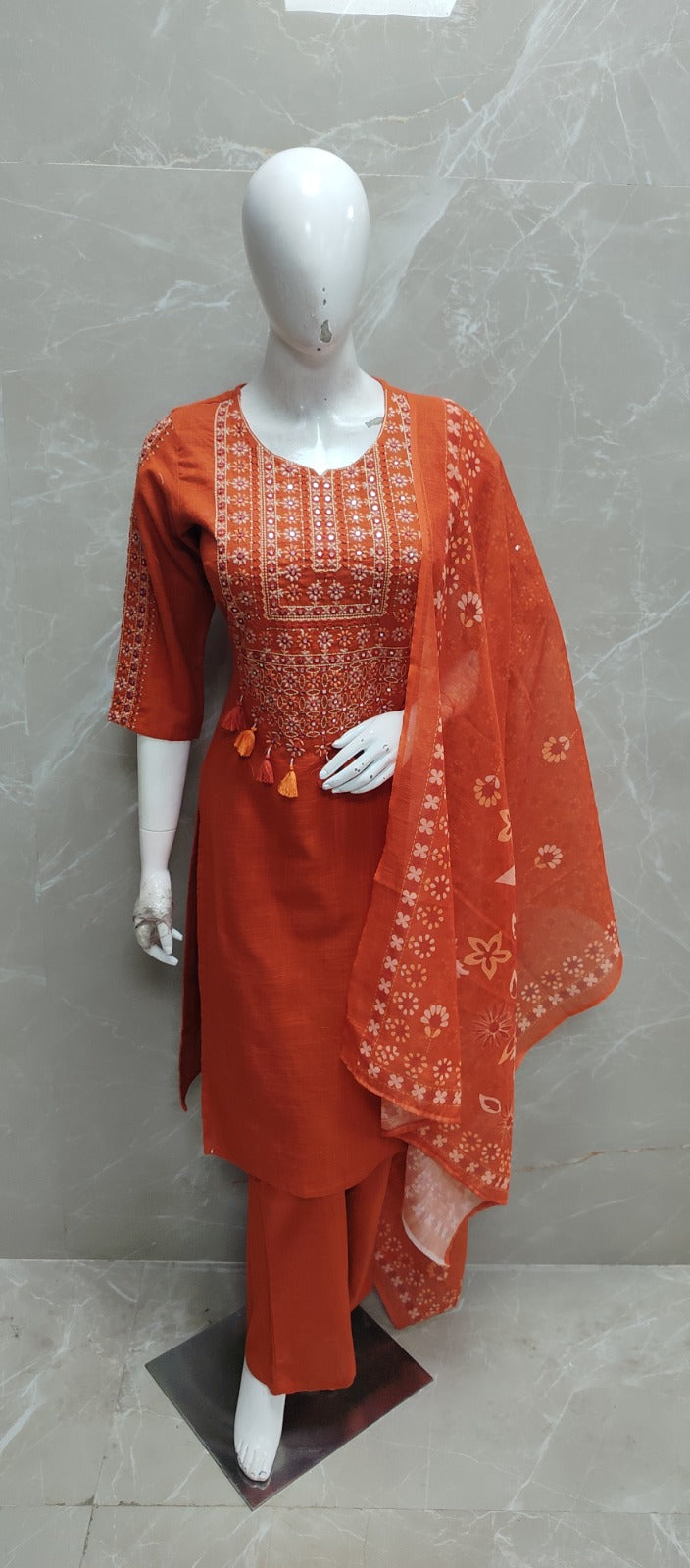 Orange Lenin Thread Embroidery Straight Fit Kurtha