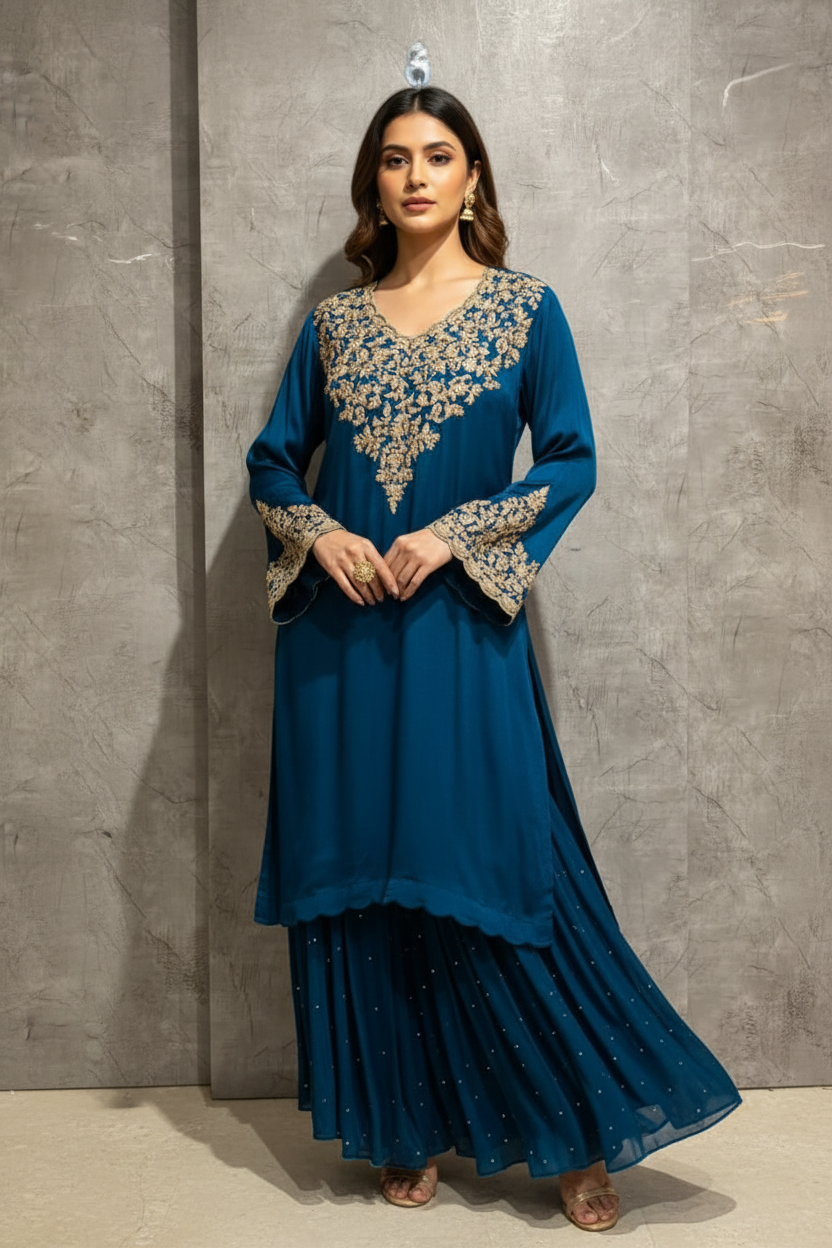"Avani" Peacock Blue Designer Sharara party Kurtha set