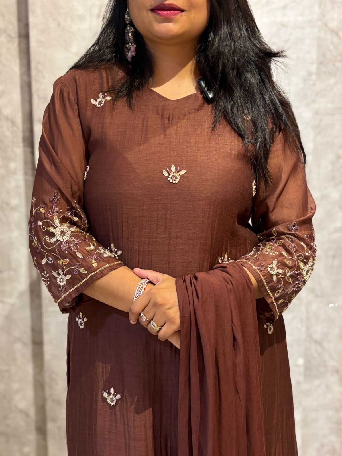 Brown Mul Chanderi Hand Embroidery Anarkali Kurtha 261