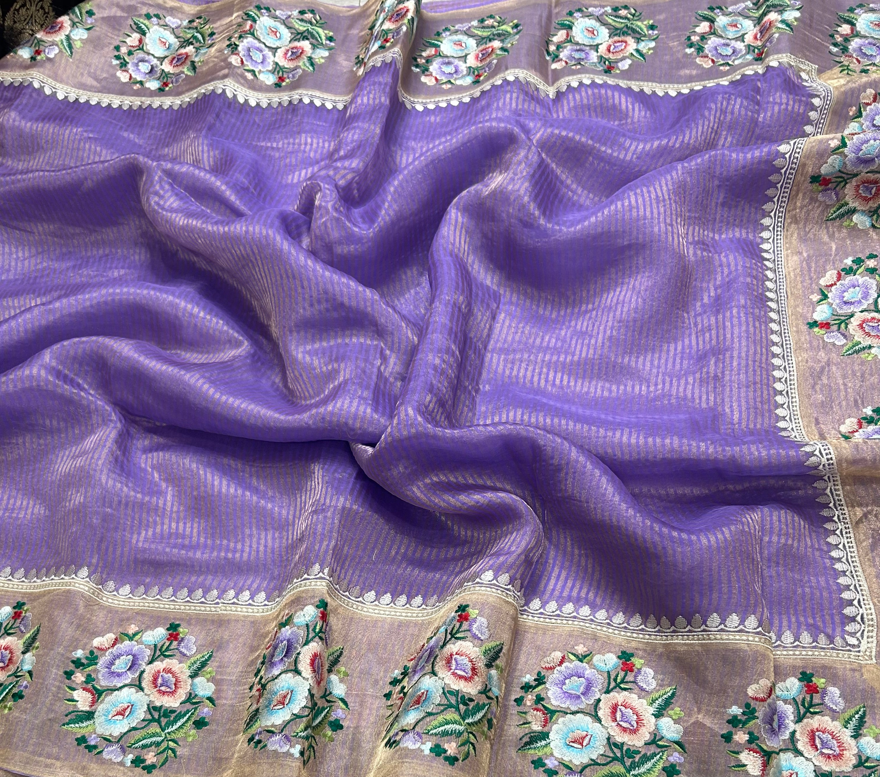 Lilac stripes floral embroidery work pure organza 105 saree