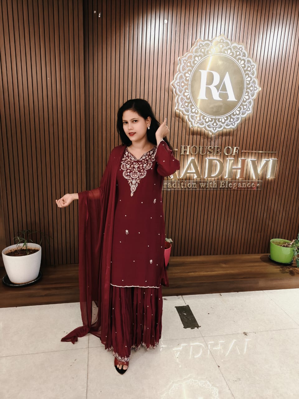 "PARI"  Wine Designer Kurtha Set with Handwork and Palzoo Pant