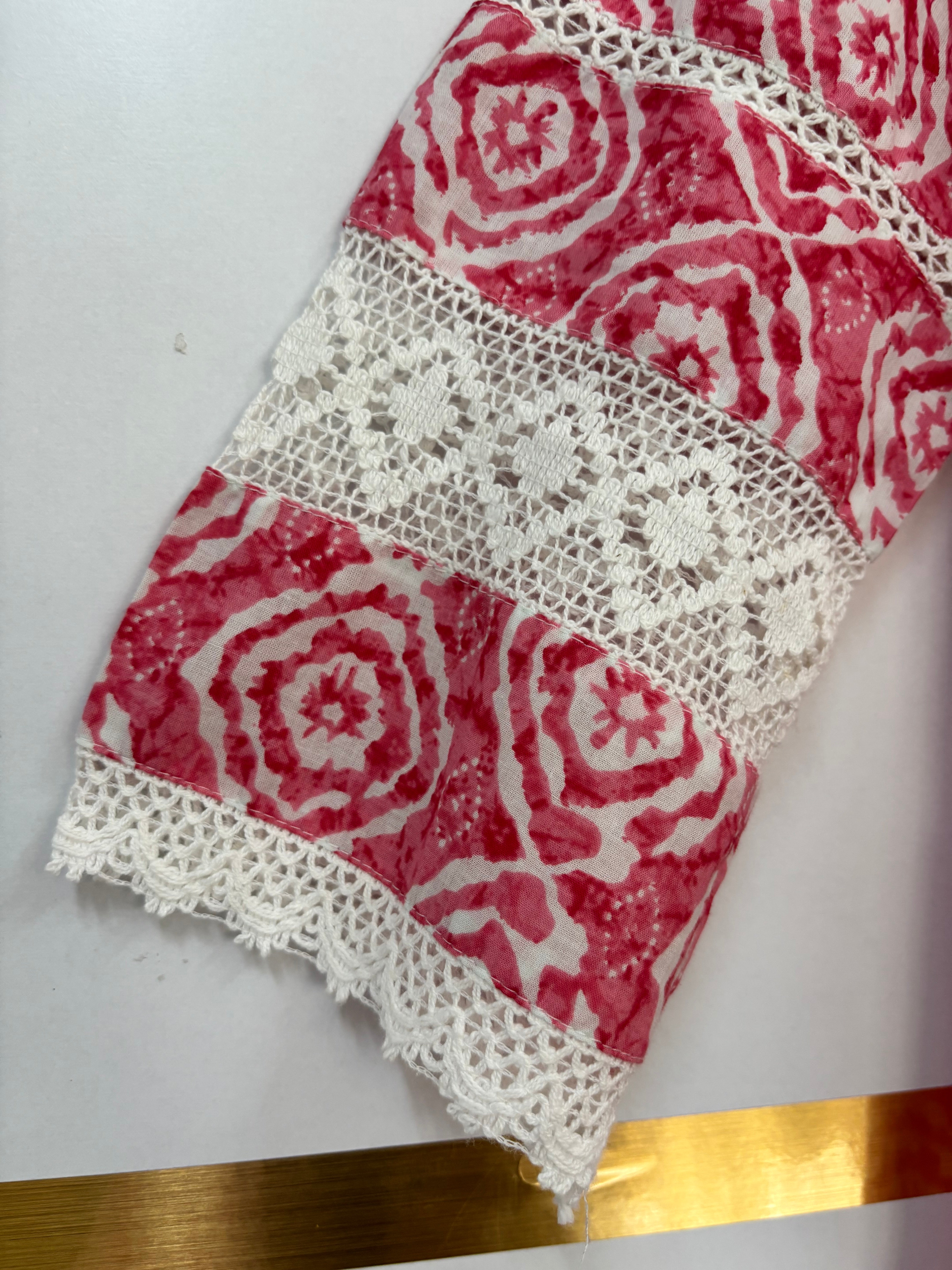 Pink Cotton Block Print Straight Fit Kurtha